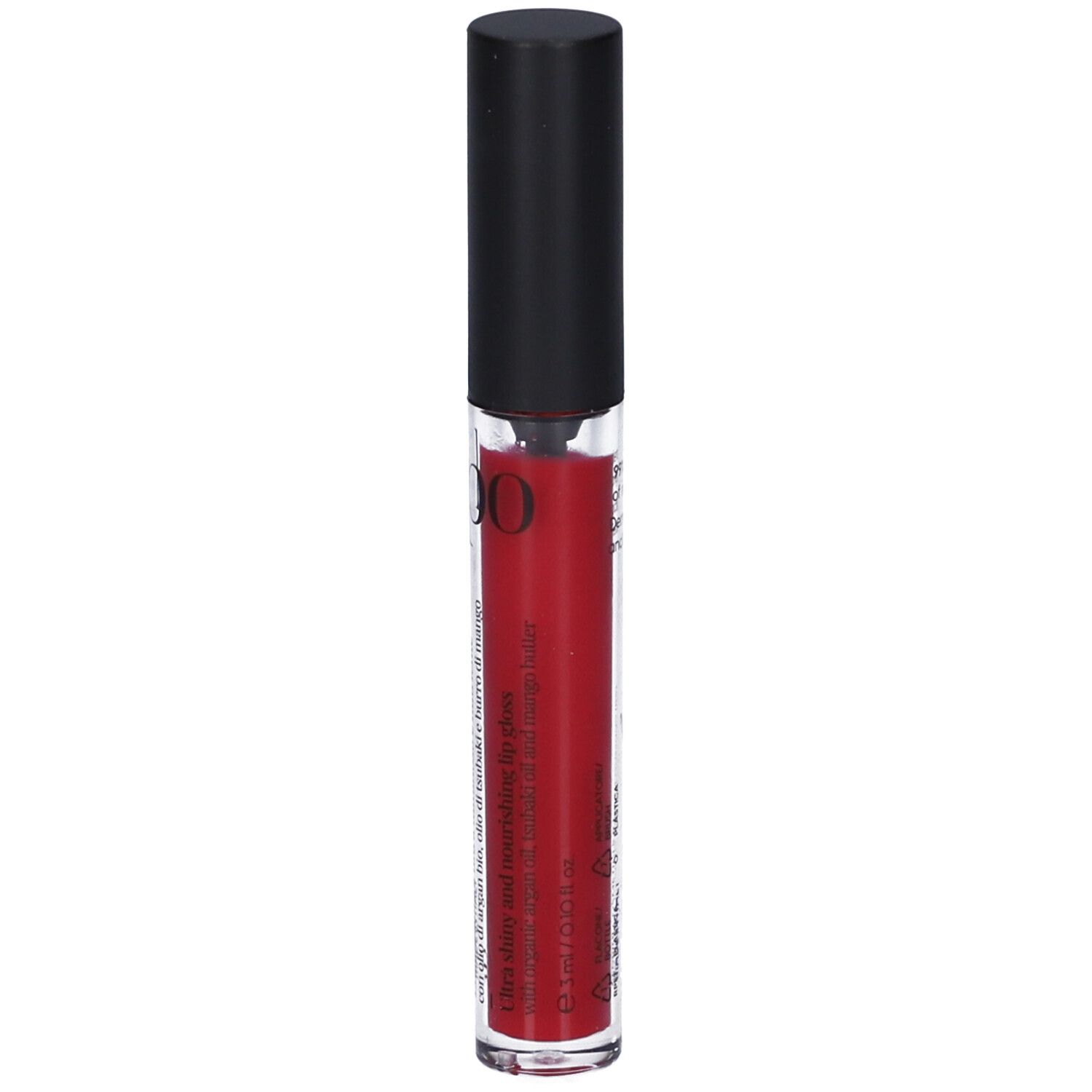 Flacone di lucidalabbra con tappo nero. Colore rosso visibile. Scritta: lepo, Lip Gloss.