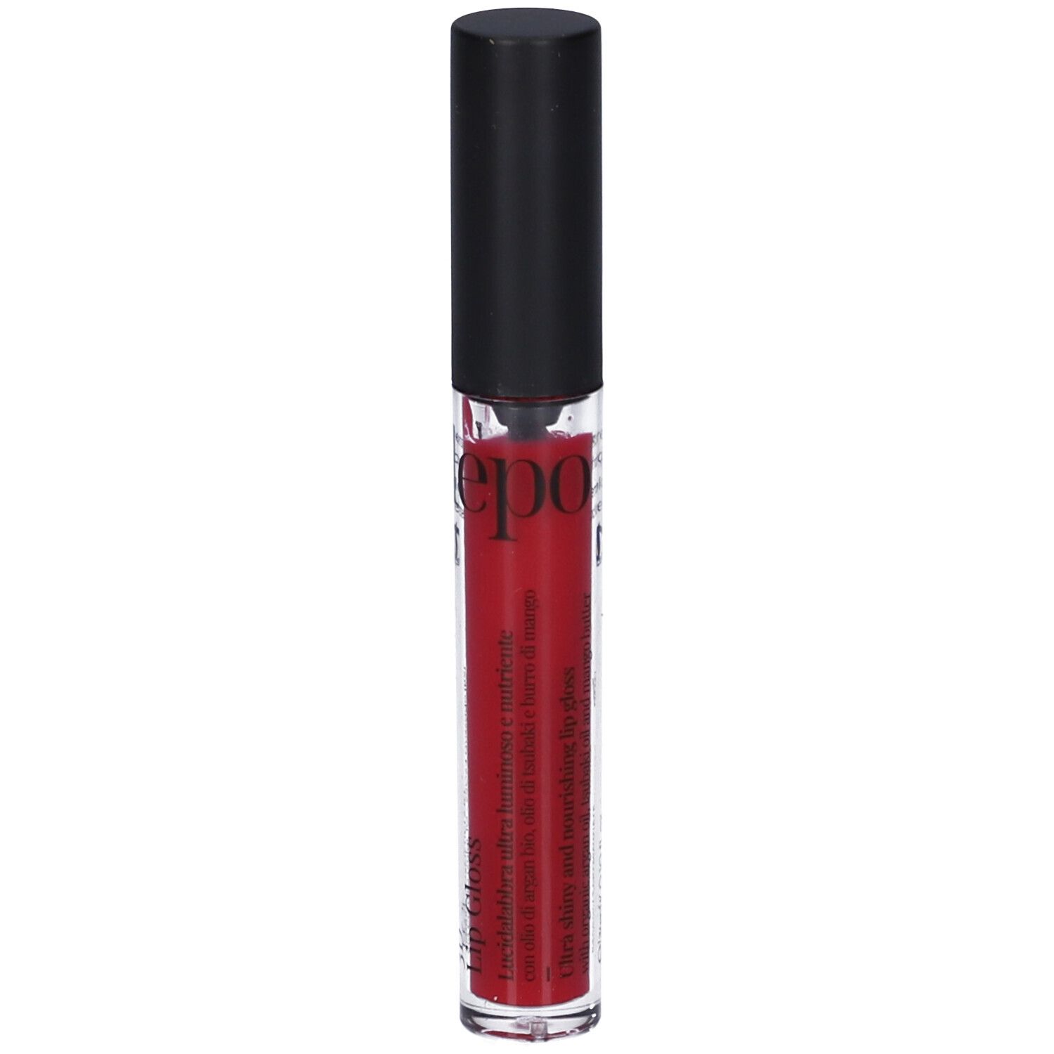 Flacone di lucidalabbra con tappo nero. Colore rosso visibile. Scritta: lepo, Lip Gloss.