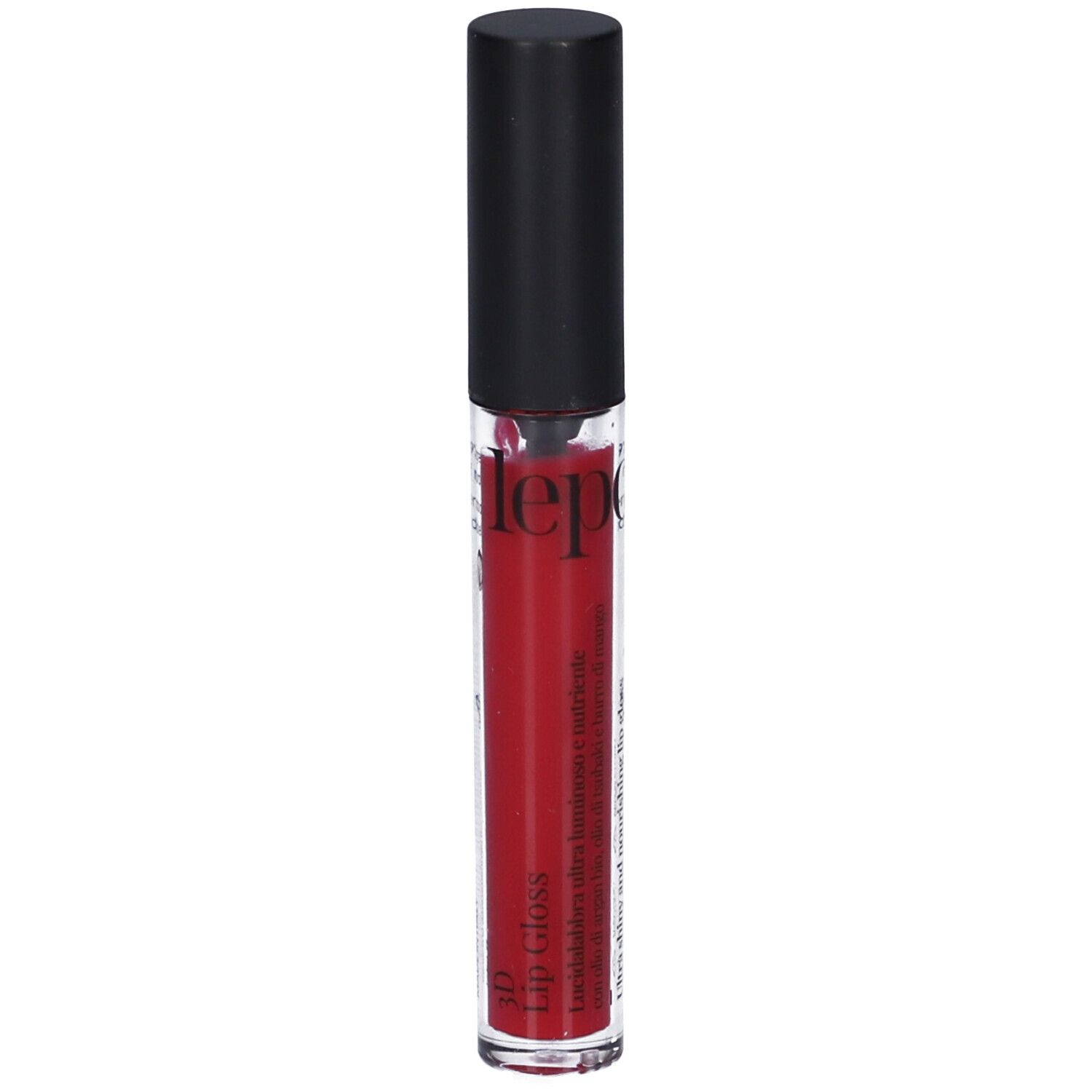Flacone di lucidalabbra con tappo nero. Colore rosso visibile. Scritta: lepo, Lip Gloss.