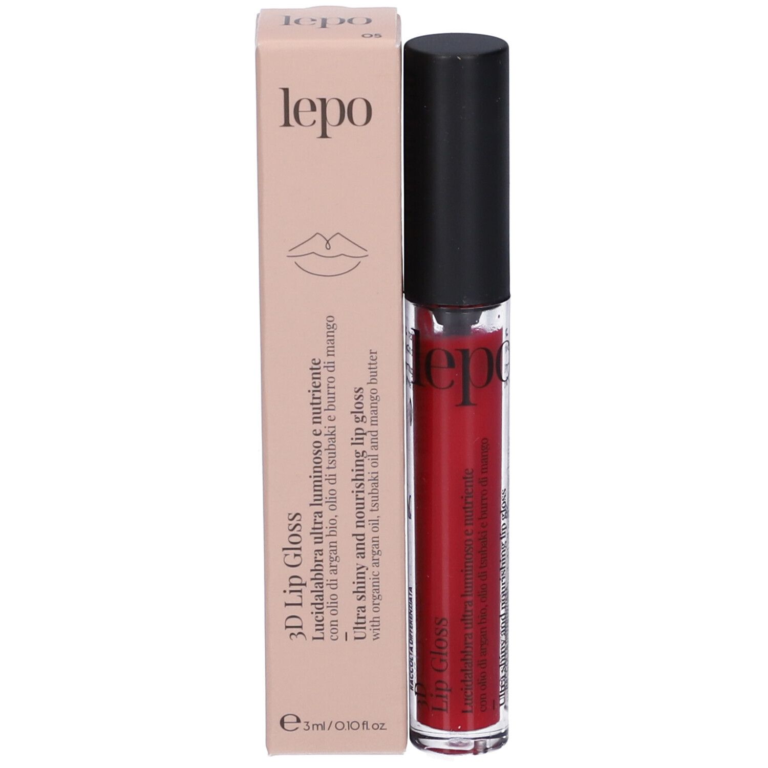 Flacone di lucidalabbra e confezione. Scritta: lepo, 3D Lip Gloss.