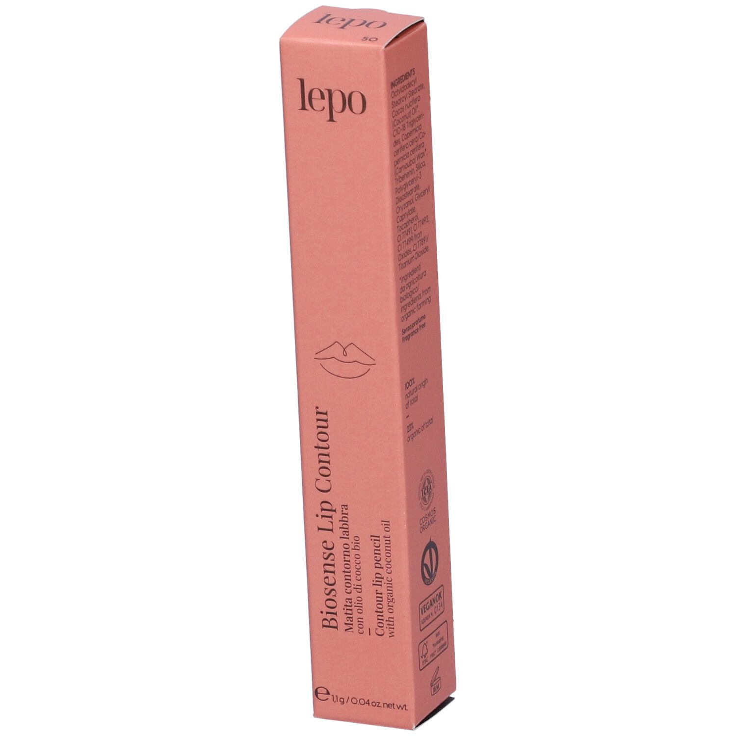 Confezione rosa con nome del prodotto e contorno labbra. Testo: Biosense Lip Contour, Conture Lip Pencil.