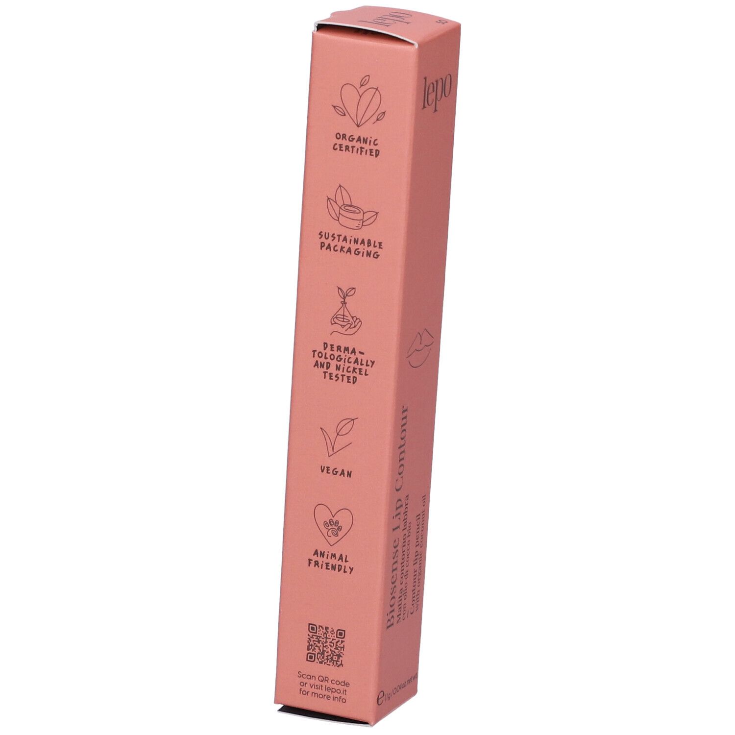 Confezione rosa con loghi e testo. Loghi: Organic Certified, Sustainable Packaging, Vegan.