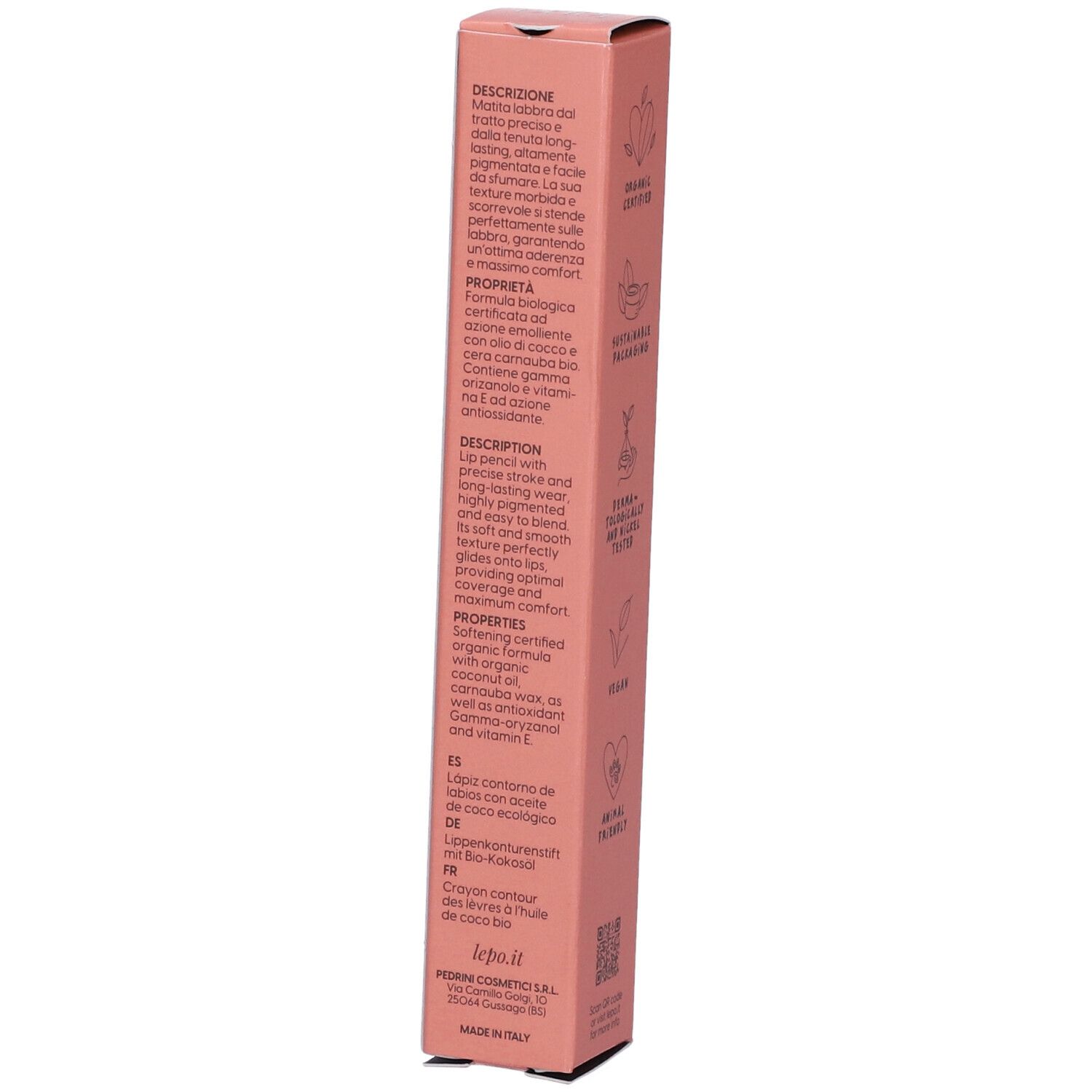 Confezione rosa con testo. Testo: Descrizione, Ingredienti, Proprietà, Prodotto in Italia.