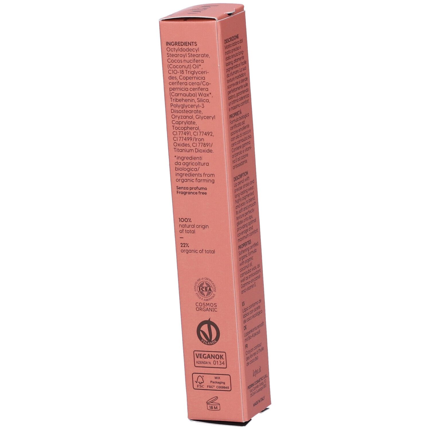 Confezione rosa con testo. Testo: Ingredienti, Loghi: Vegan, Cosmos Organic, VeganOK.