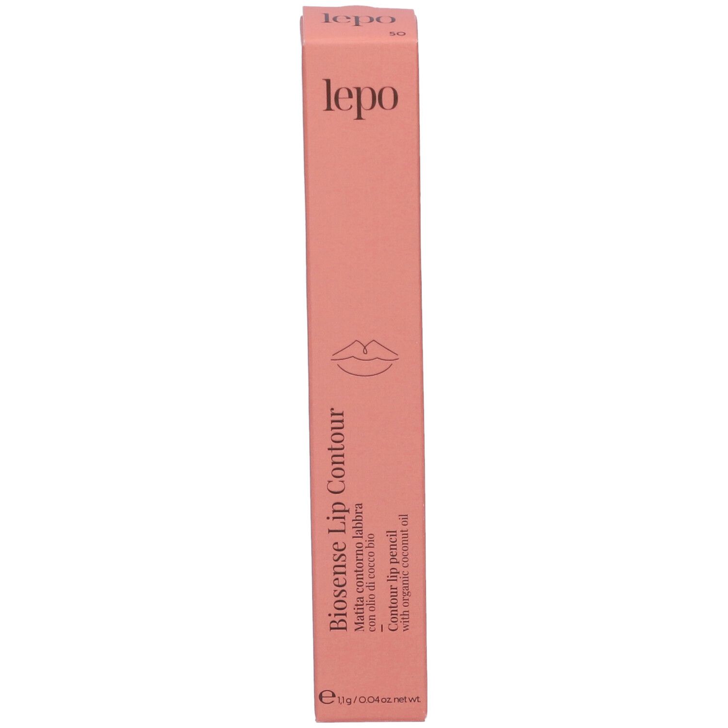 Confezione rosa con nome del prodotto e contorno labbra. Testo: Biosense Lip Contour, Conture Lip Pencil.