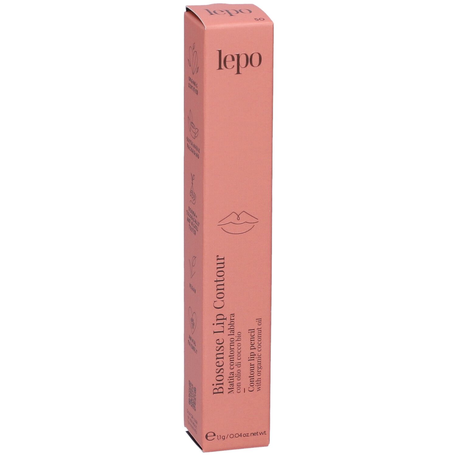 Confezione rosa con nome del prodotto e contorno labbra. Testo: Biosense Lip Contour, Conture Lip Pencil.