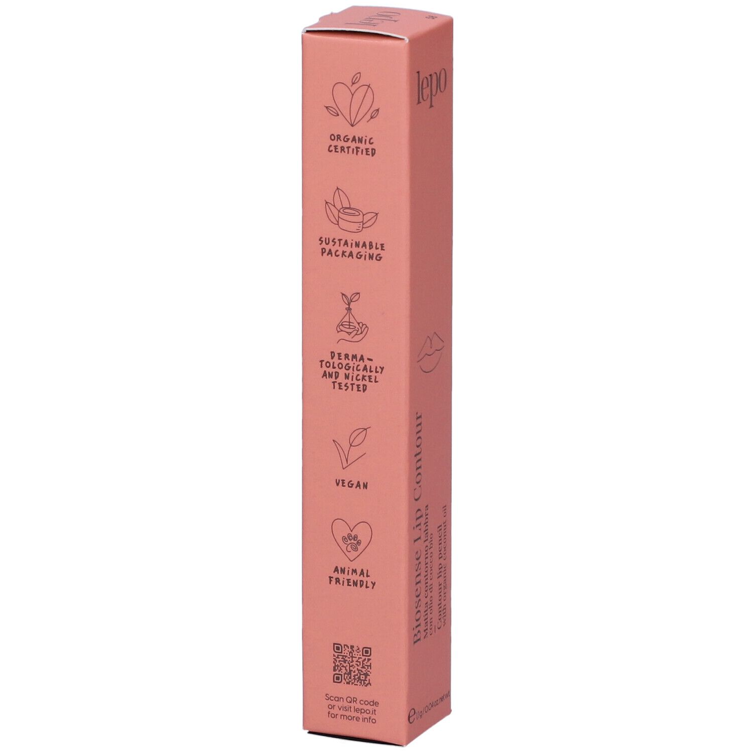 Retro della confezione della matita contorno labbra. Confezione rosa con loghi e testo.