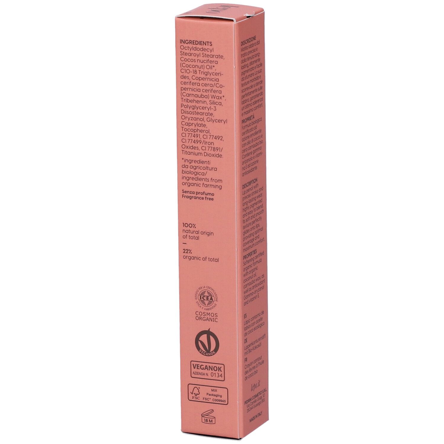 Retro della confezione della matita contorno labbra. Confezione rosa con testo e ingredienti.