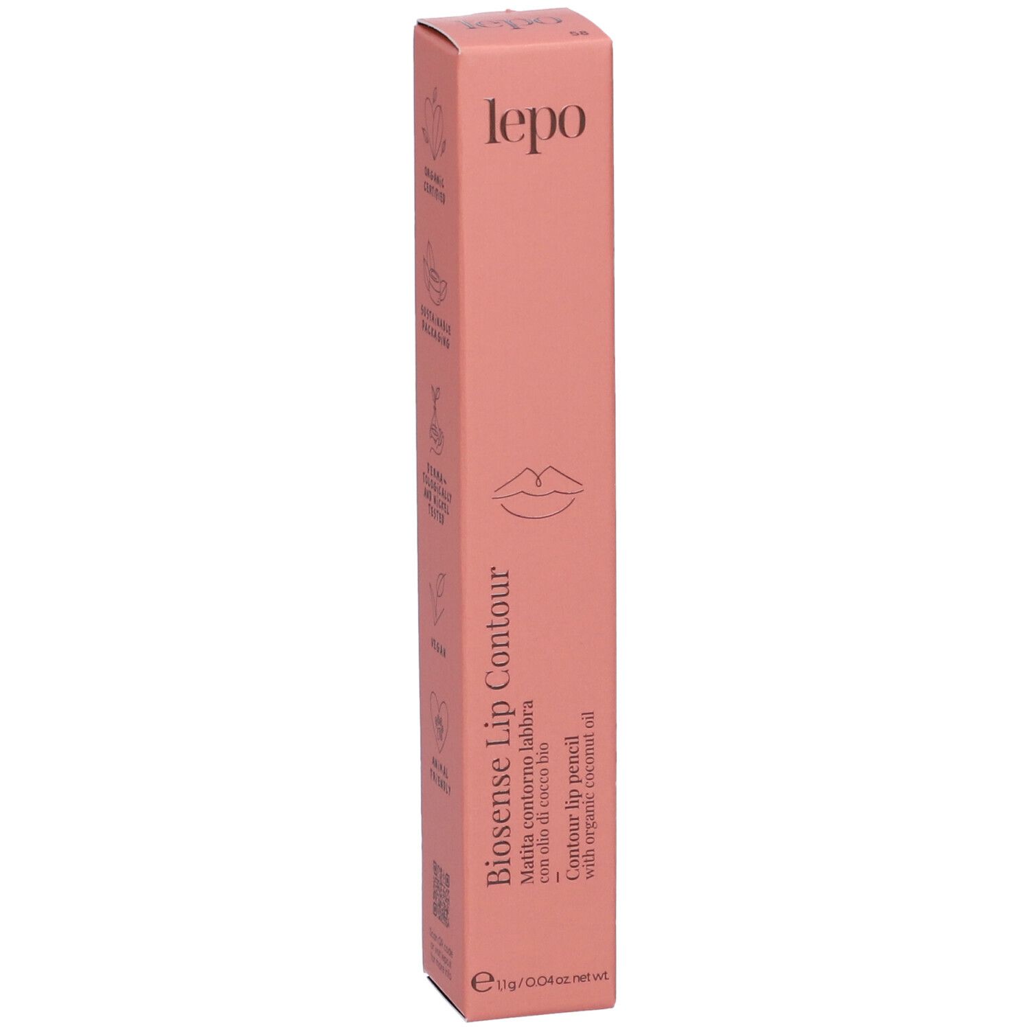 Confezione della matita contorno labbra. Confezione rosa con nome del prodotto e logo.