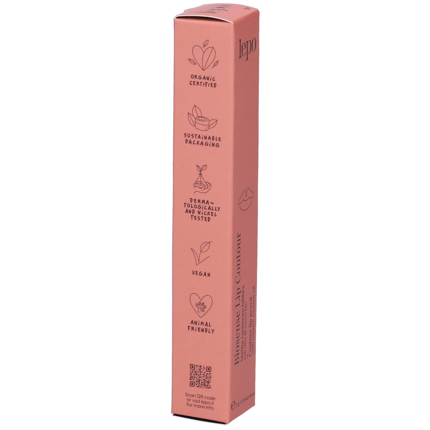 Confezione rosa. Loghi: Certificato biologico, Vegano, Animal Friendly. Testo: Imballaggio sostenibile.
