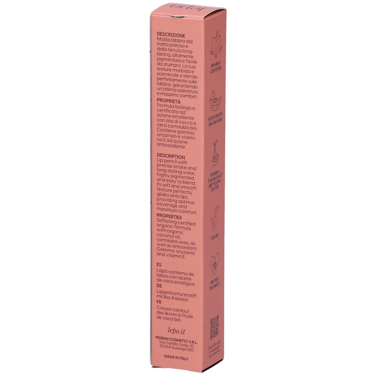 Confezione rosa. Testo in italiano. Descrizione, proprietà, ingredienti. Loghi e codice QR.