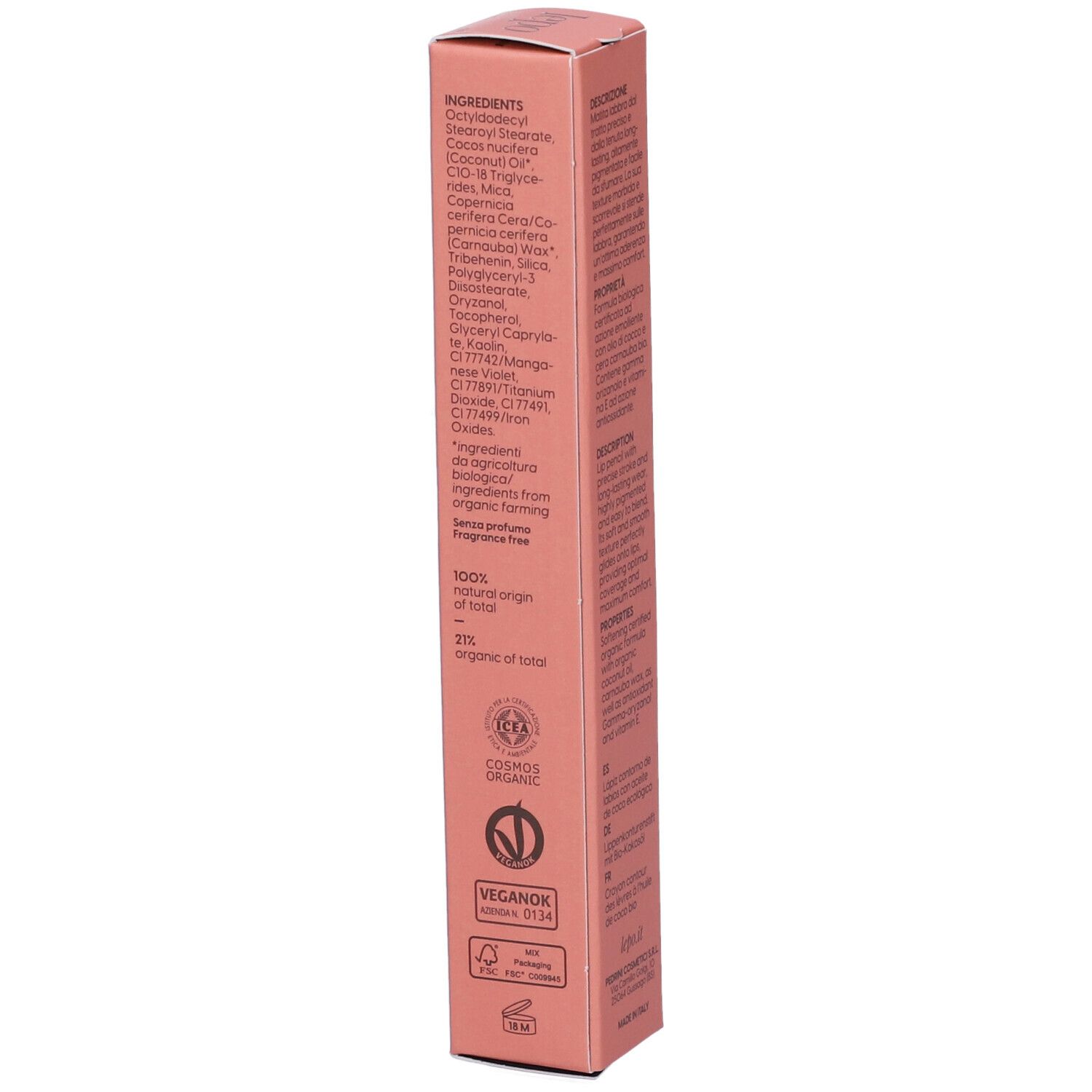 Confezione rosa. Ingredienti. Loghi: Cosmos Organic, Veganok. Testo: 100% di origine naturale.