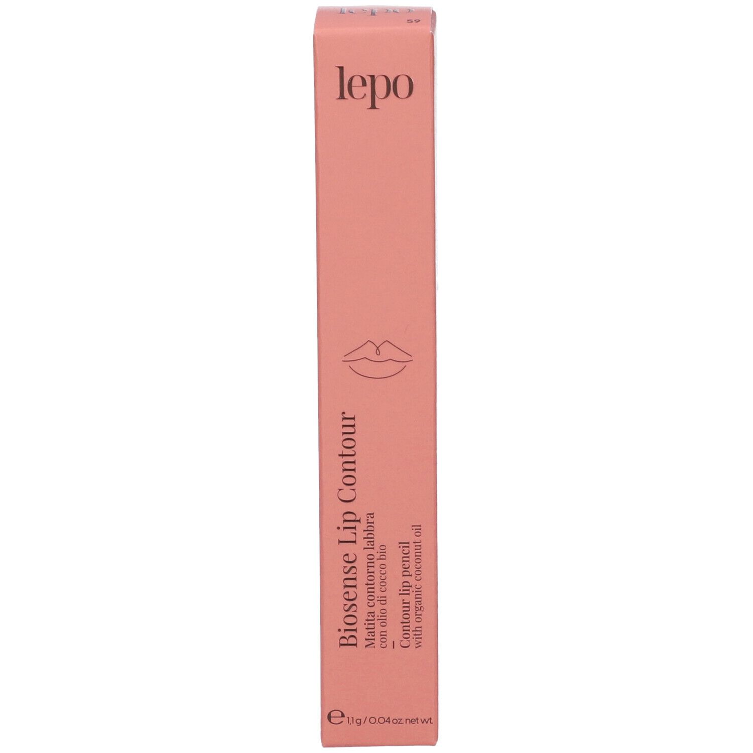 Confezione rosa. Nome del prodotto e logo. Testo: Opaco, con olio di cocco bio. Disegno labbra.