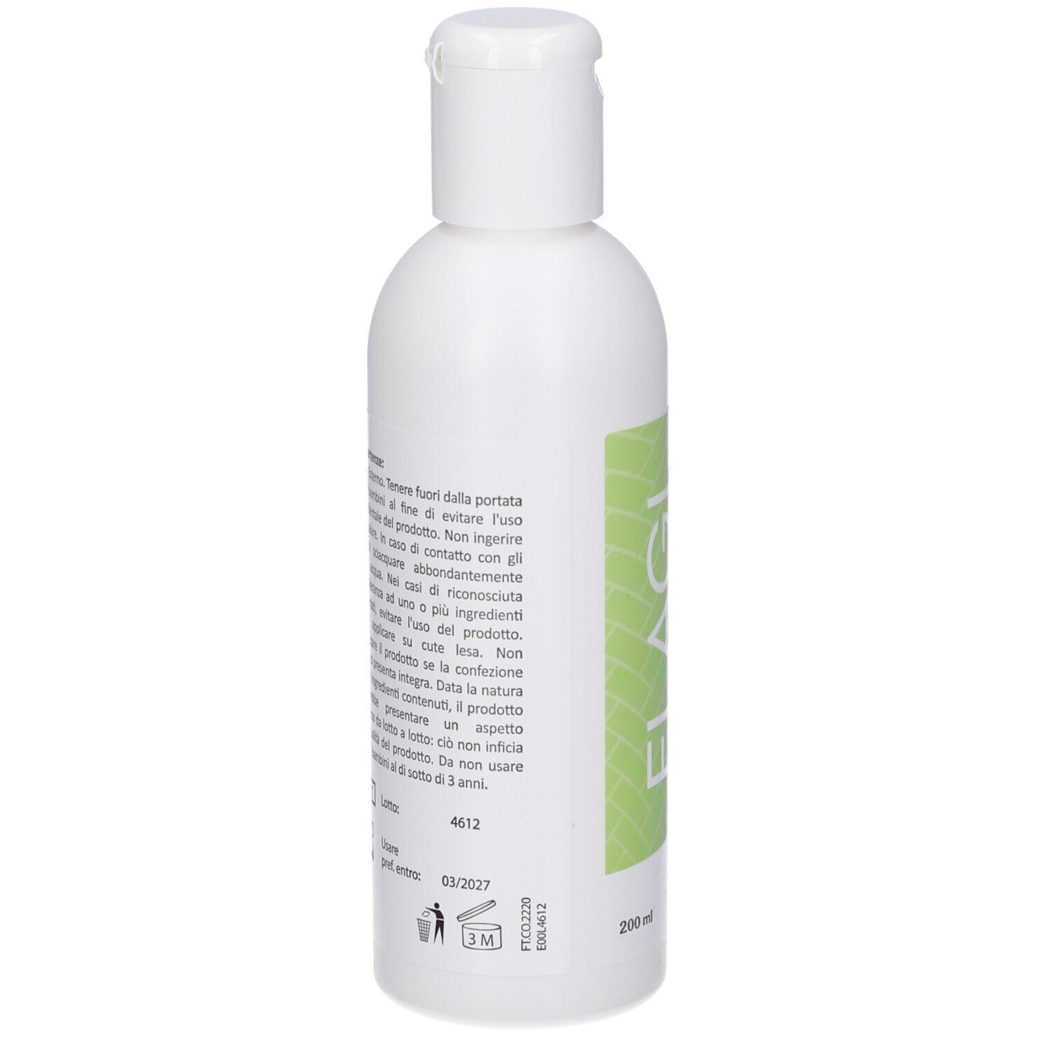 Flacone bianco con etichetta verde e stampa, 200 ml.