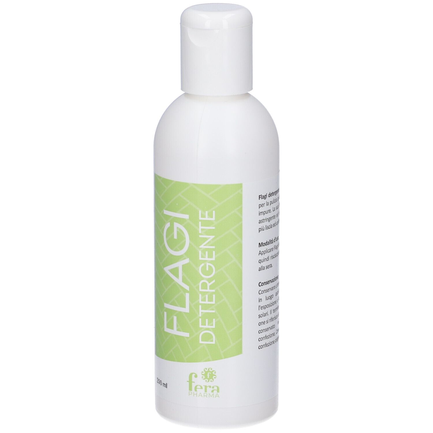 Flacone bianco con etichetta verde, riportante "FLAGI DETERGENTE" e "fera". 200ml.