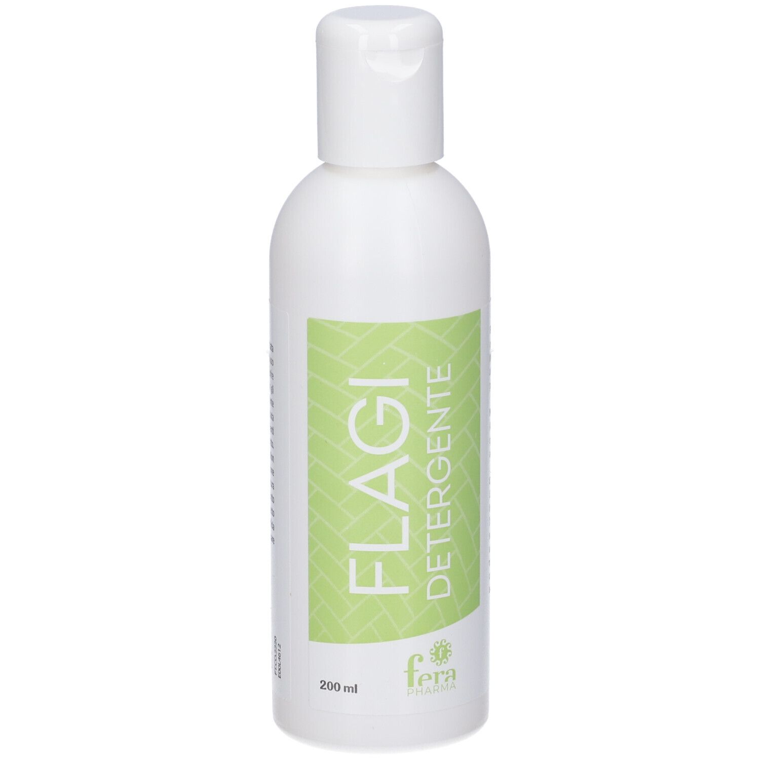 Flacone bianco con etichetta verde, logo "FLAGI DETERGENTE" e "fera", 200 ml.