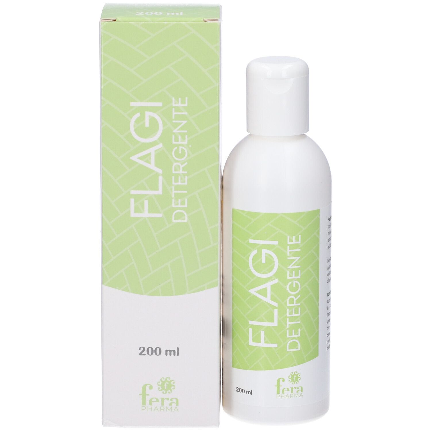 Flacone bianco con etichetta verde, scritta "FLAGI DETERGENTE" e "200 ml". Accanto, confezione verde coordinata.