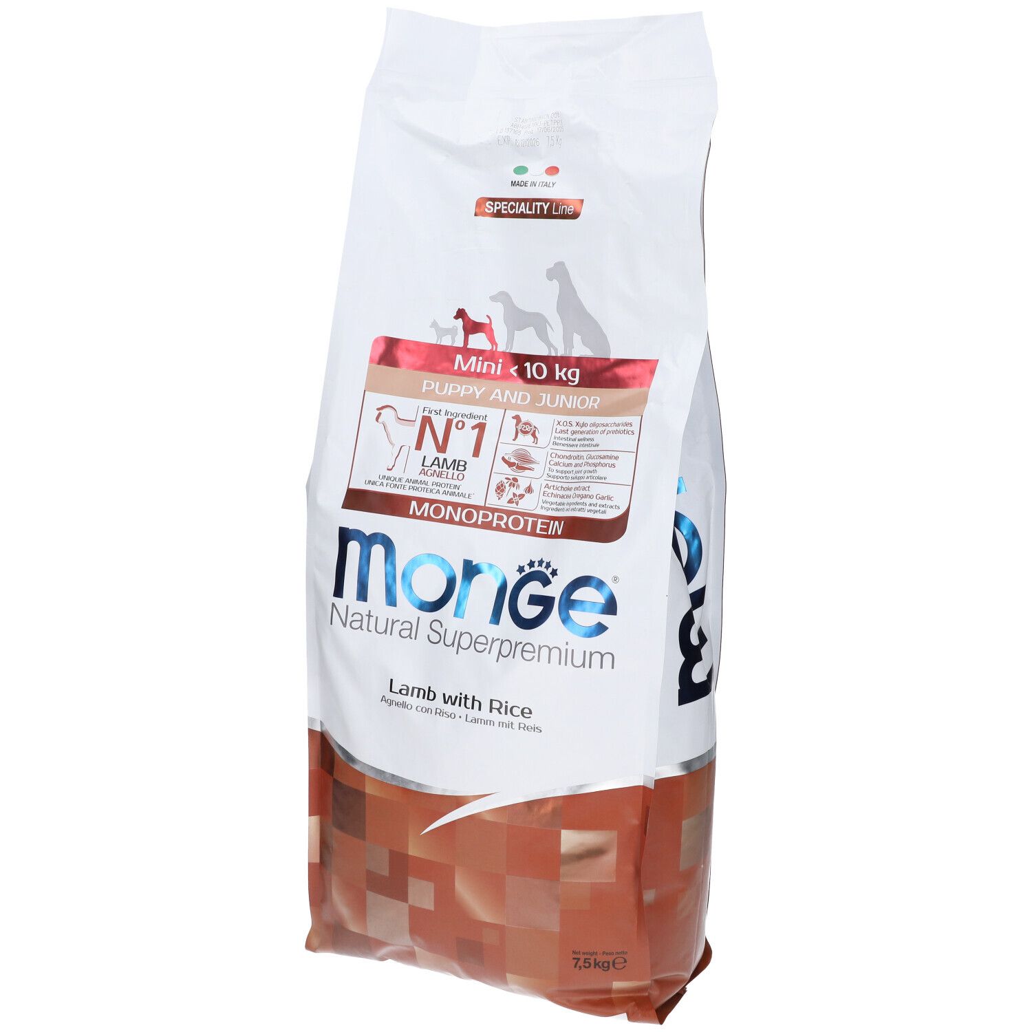 Sacchetto di cibo per cani Monge. Scritto: Mini < 10 kg, Puppy & Junior, Monoprotein, Agnello con riso. 7,5 kg.