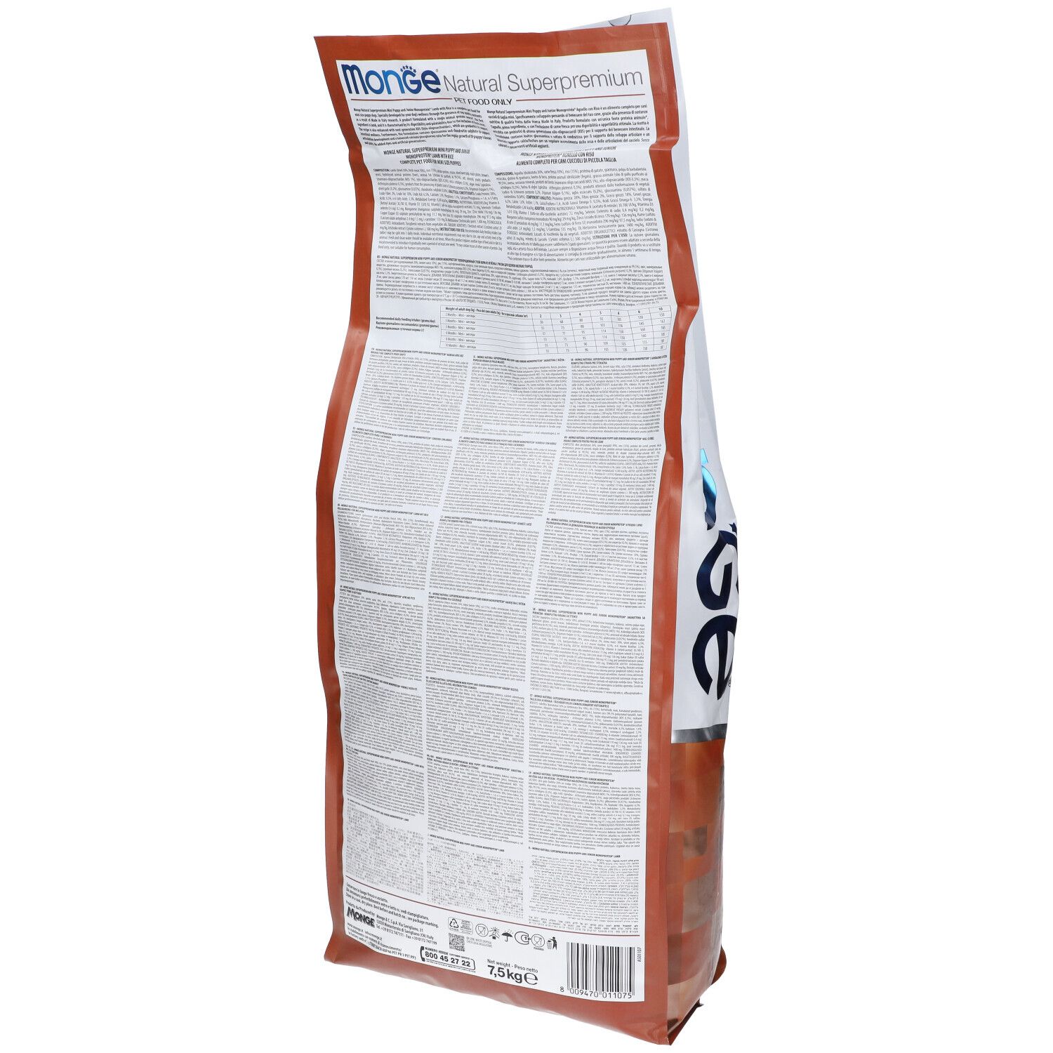 Retro del sacchetto di cibo per cani Monge. Informazioni testuali e nutrizionali. 7,5 kg.