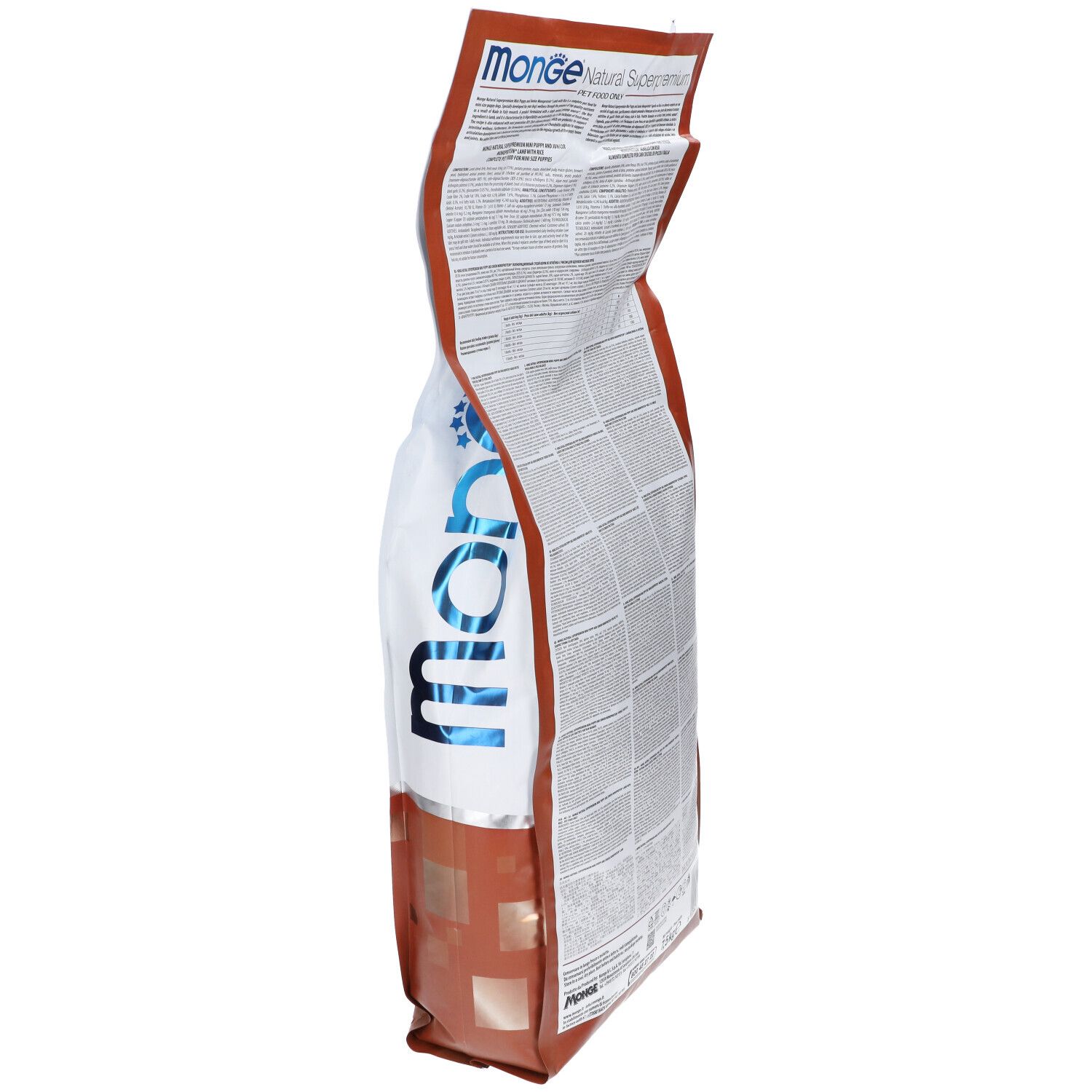 Sacchetto di cibo per cani Monge, vista laterale. Informazioni testuali e nutrizionali. 7,5 kg.