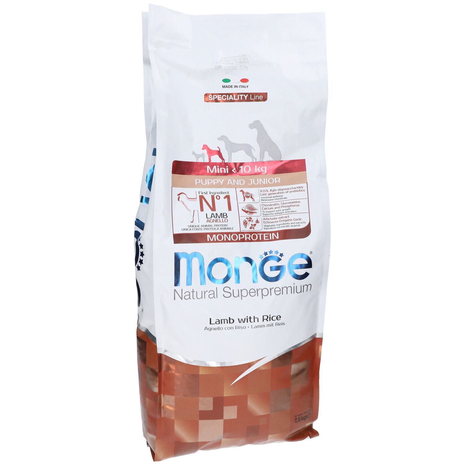 Sacchetto di cibo per cani Monge. Scritto: Mini < 10 kg, Puppy & Junior, Monoprotein, Agnello con riso. 7,5 kg.
