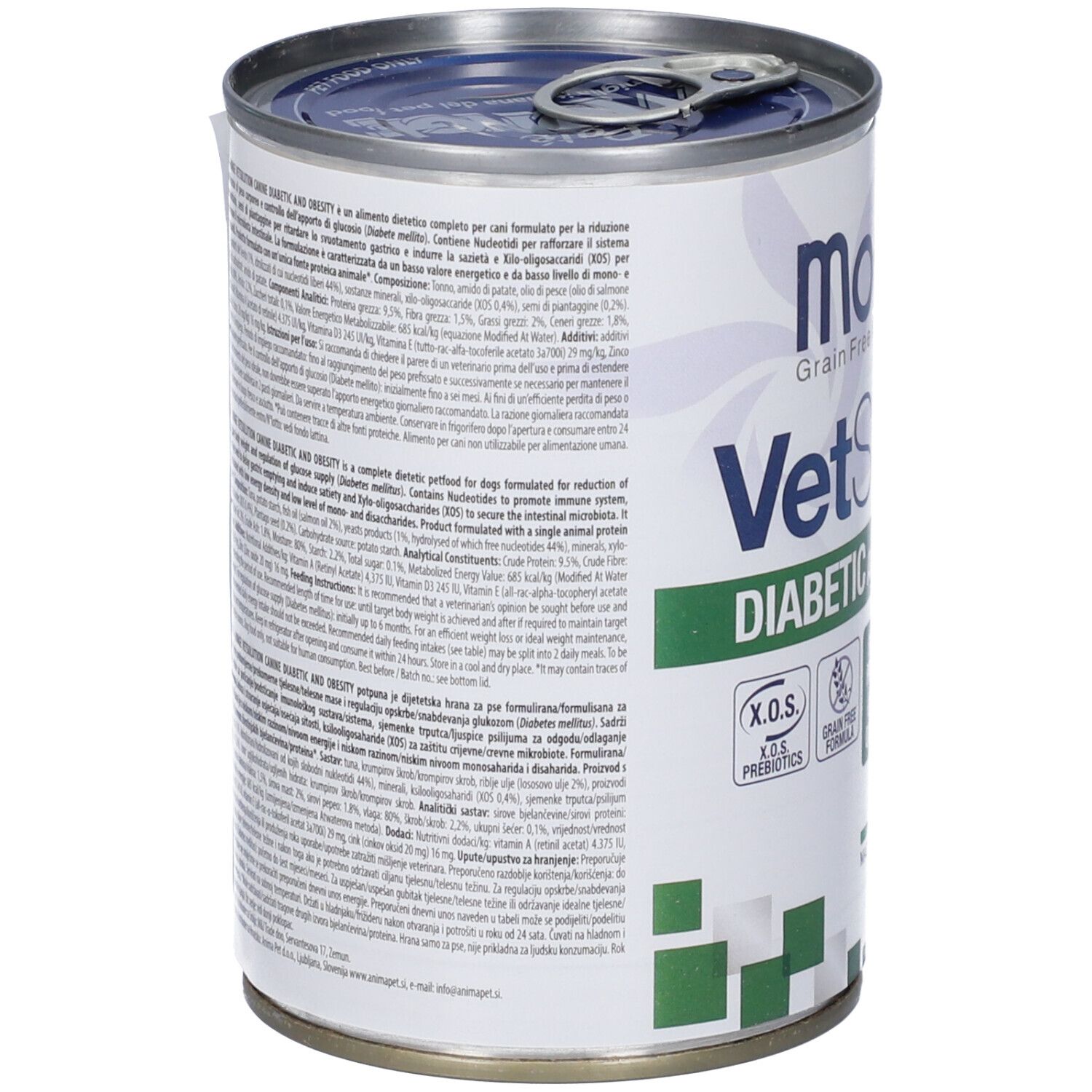 Lattina Monge Vetsolution per cani. Vista laterale con testo. Scritta: Diabetic and Obesity. Con logo e informazioni.