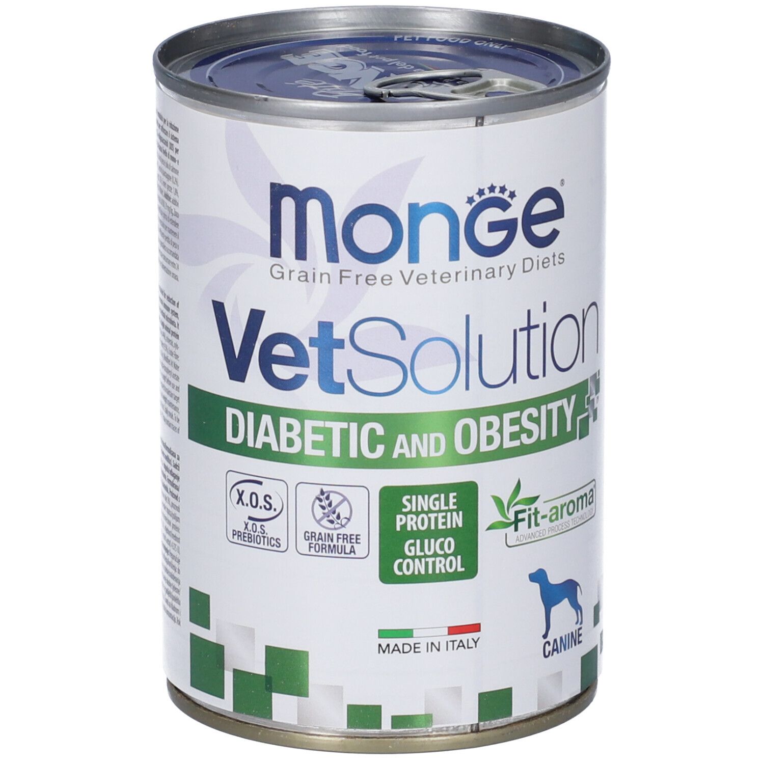 Lattina Monge Vetsolution per cani. Scritta: Diabetic and Obesity, Single Protein, Gluco Control. Con logo e illustrazioni.