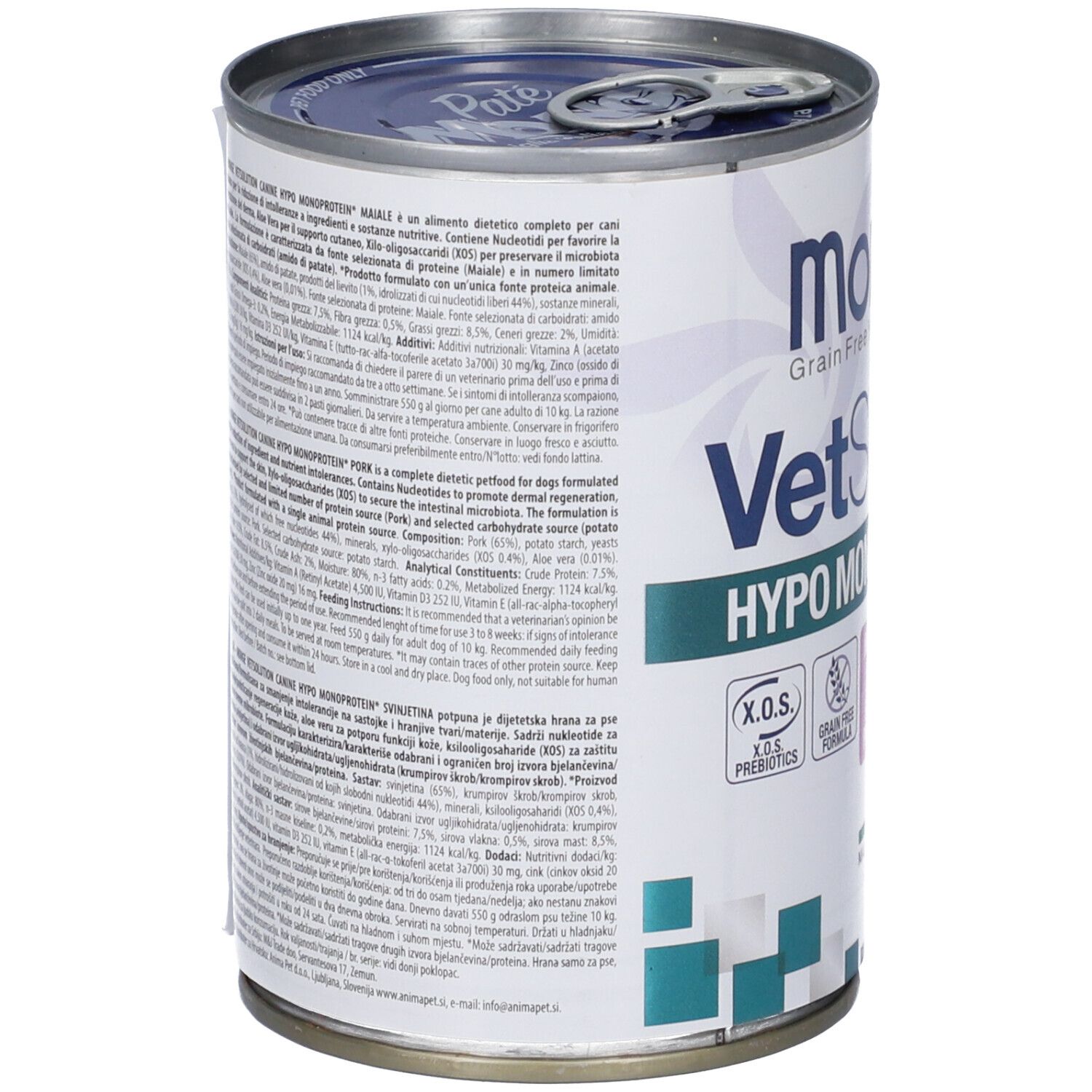 Lattina Monge Vetsolution, vista laterale con testo. Contiene nutrienti per cani. Con X.O.S. probiotici e formula senza cereali.