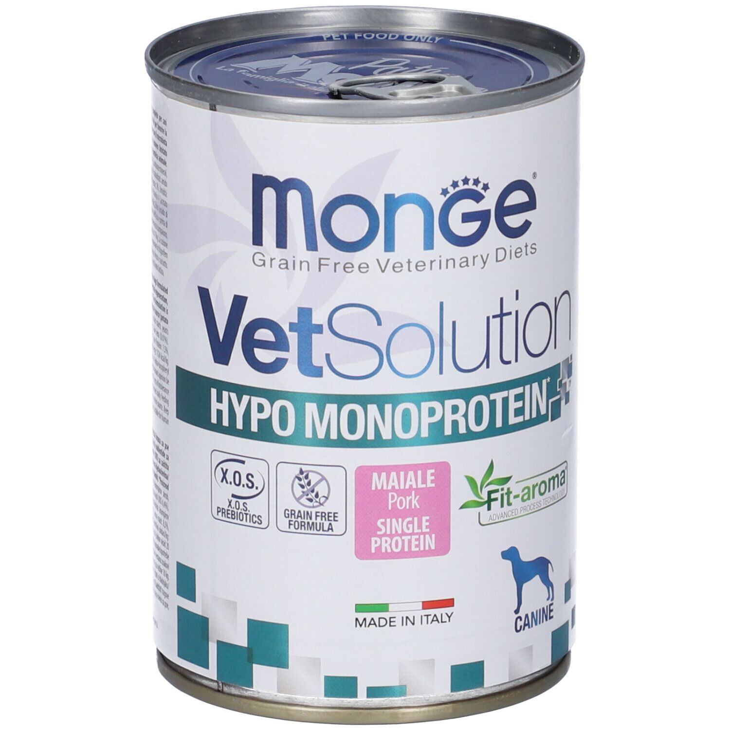 Lattina Monge Vetsolution. Testo: Hypo Monoprotein, Maiale Pork, Single Protein. Con X.O.S. probiotici e Fit-aroma.