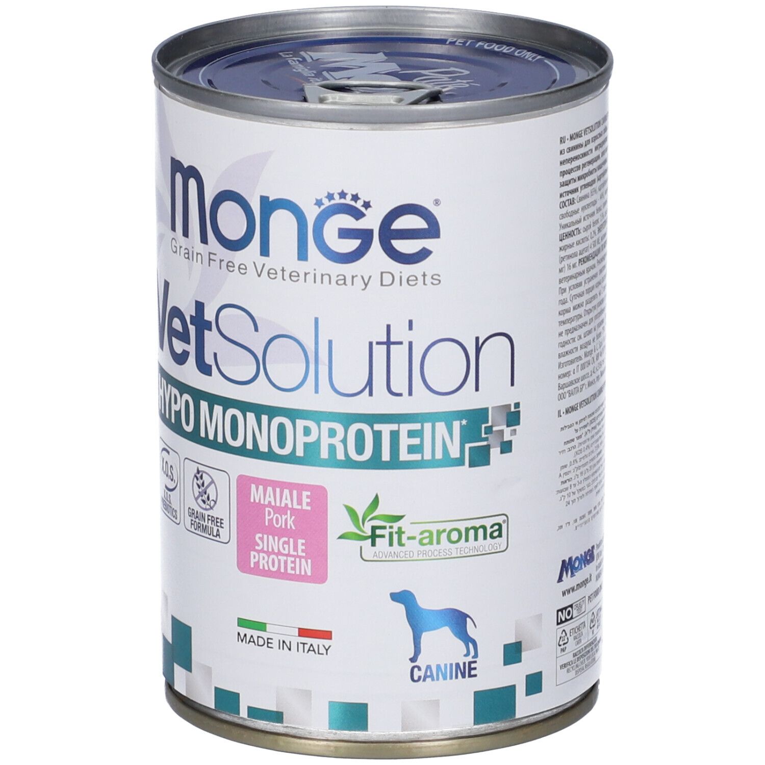 Lattina Monge Vetsolution. Testo: Hypo Monoprotein, Maiale Pork, Single Protein. Con X.O.S. probiotici e Fit-aroma.