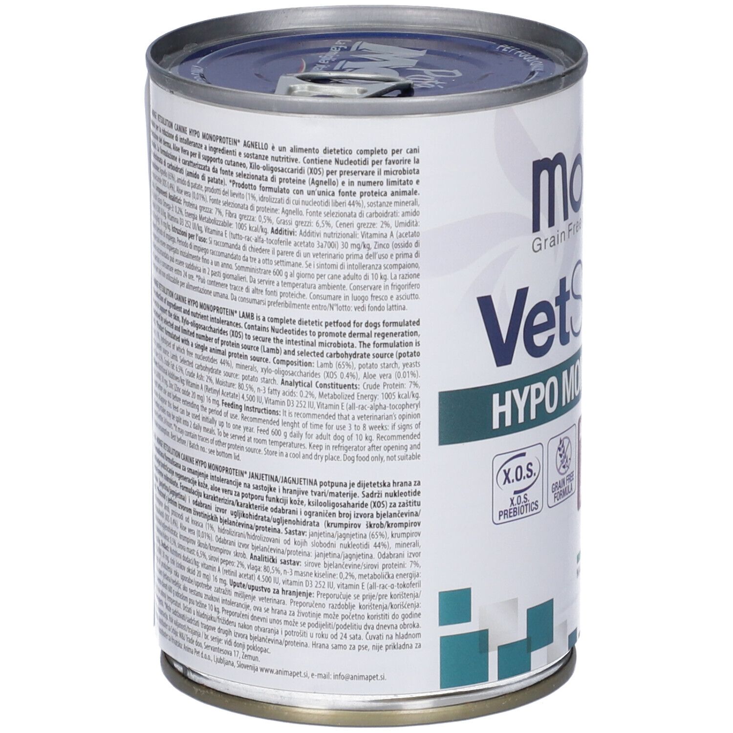 Lattina Monge VetSolution Hypo Monoprotein Agnello Cani. Informazioni sul prodotto sulla lattina. Lattina con apertura facilitata.