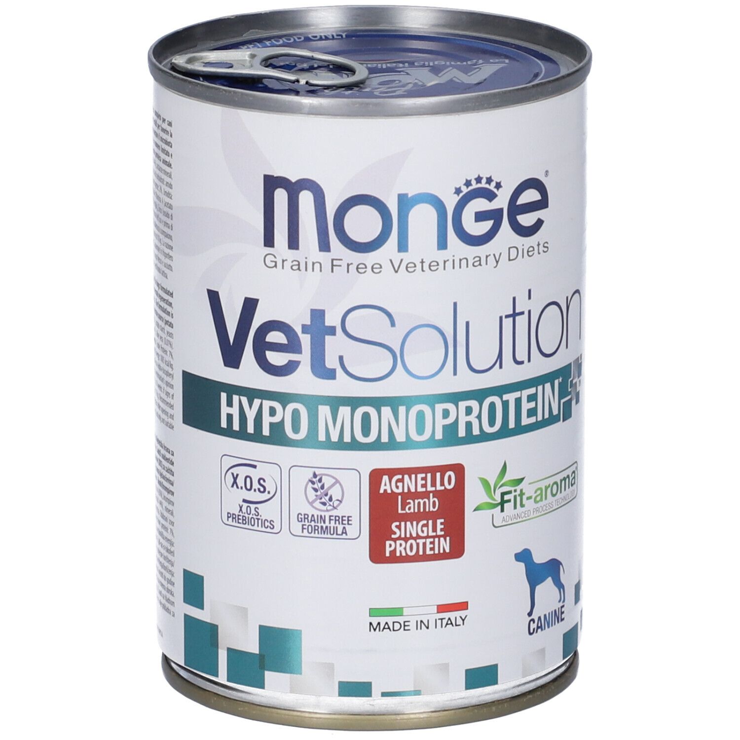 Lattina Monge VetSolution Hypo Monoprotein Agnello Cani. Etichetta con informazioni prodotto e logo. Lattina con apertura facilitata.