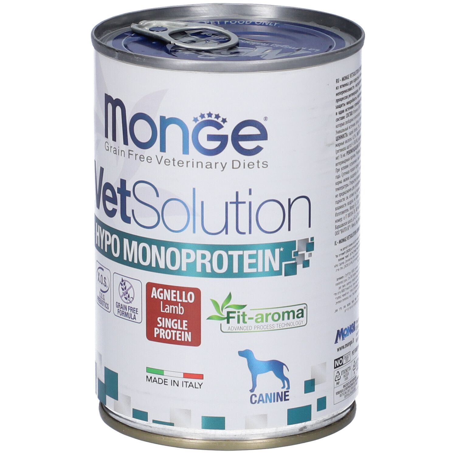 Lattina Monge VetSolution Hypo Monoprotein Agnello Cani. Etichetta con informazioni prodotto e logo. Lattina con apertura facilitata.