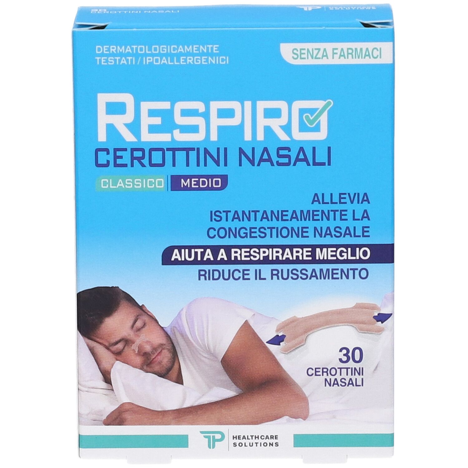 Confezione di cerottini nasali Respiro, classici, misura media, 30 pezzi. Per un sollievo immediato dalla congestione nasale.
