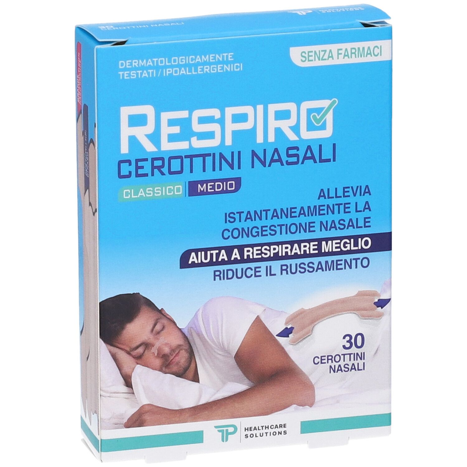 Confezione di cerottini nasali Respiro, classici, misura media, 30 pezzi. Per un sollievo immediato dalla congestione nasale.
