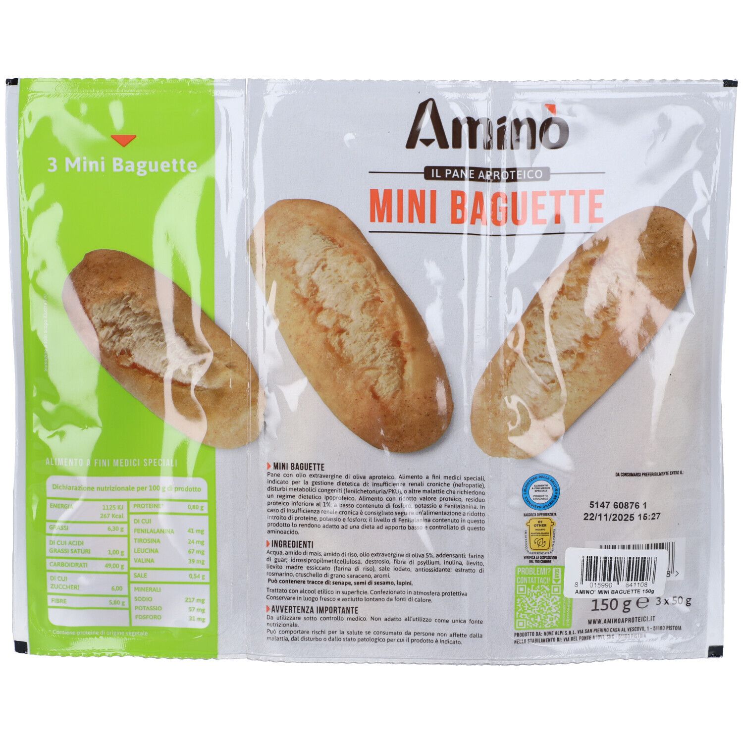 Confezione di tre mini baguette. Scritta "Amino" e "Mini Baguette". Data di scadenza e codice a barre visibili.