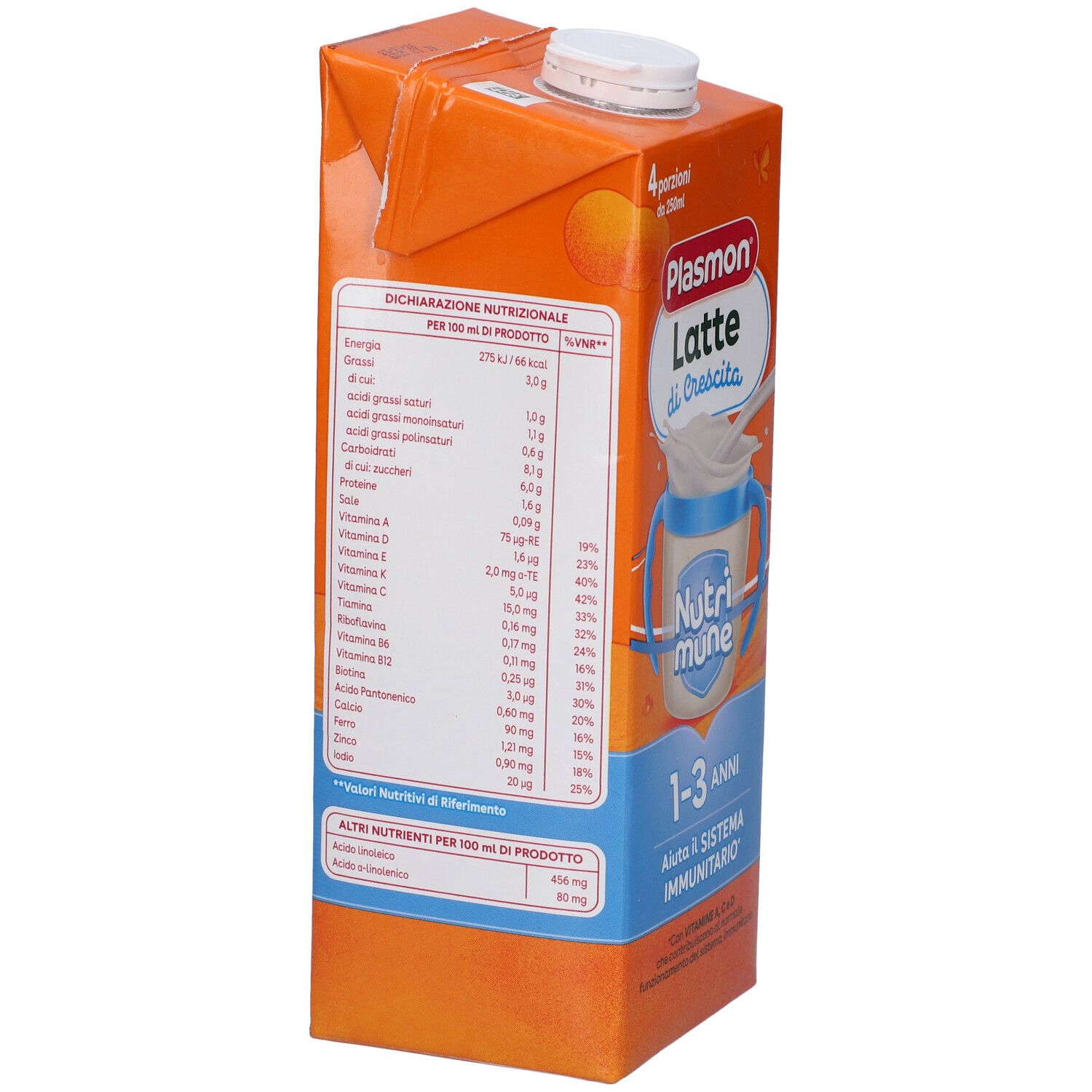 Retro confezione Plasmon Latte di Crescita. Mostra informazioni nutrizionali. Con Nutrimune e scritta 1-3 anni.