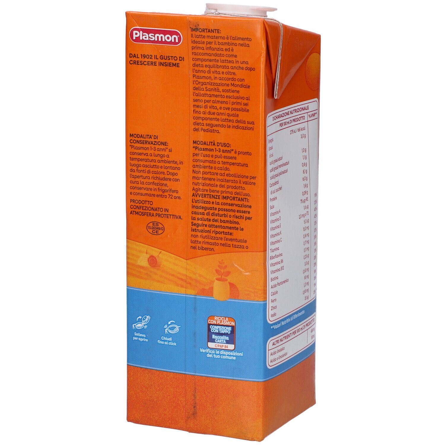 Lato confezione Plasmon Latte di Crescita. Contiene testo su uso e ingredienti. Con loghi.