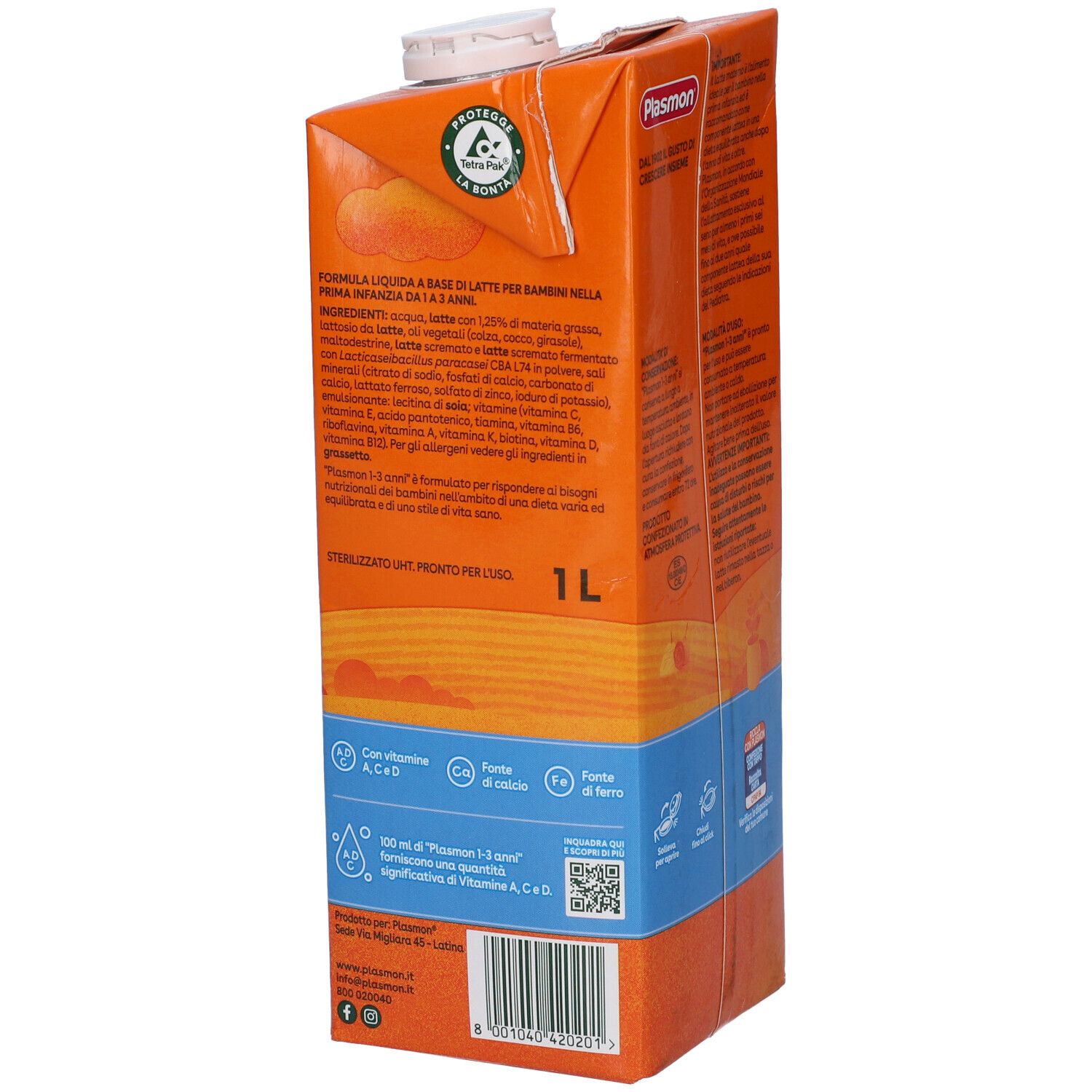 Lato confezione Plasmon Latte di Crescita. Mostra ingredienti e informazioni nutrizionali. Con loghi e testo.