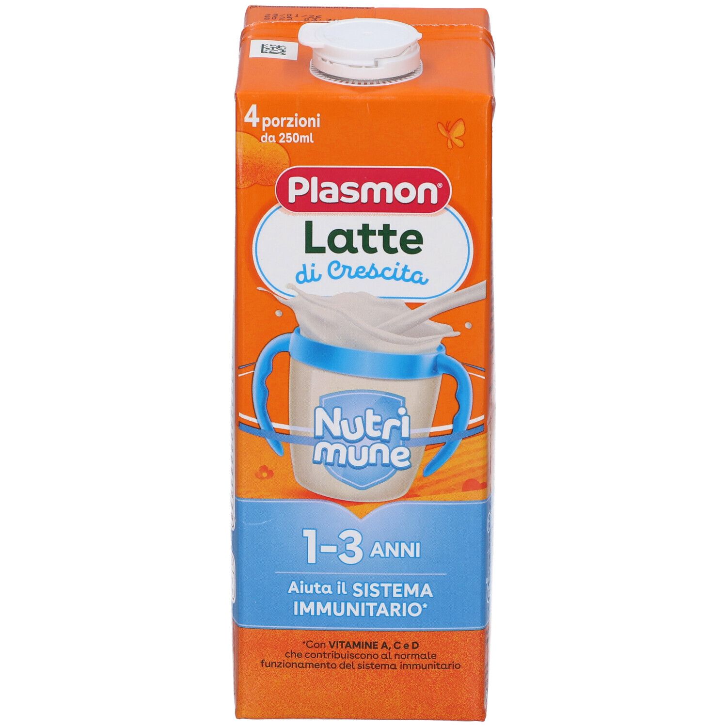 Confezione arancione Plasmon Latte di Crescita. Contiene 4 porzioni. Con Nutrimune e scritta 1-3 anni.