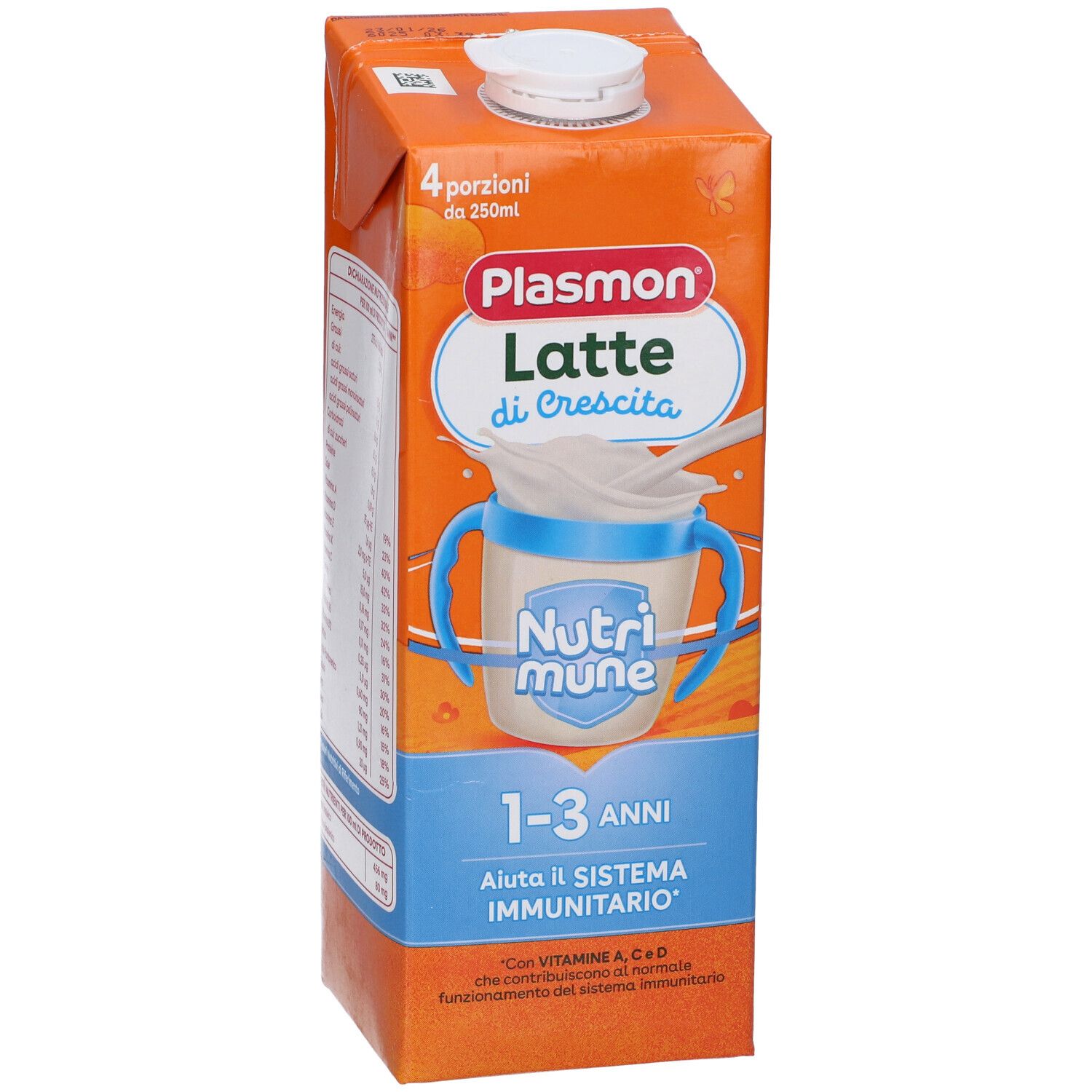 Confezione arancione Plasmon Latte di Crescita. Contiene 4 porzioni. Con Nutrimune e scritta 1-3 anni.