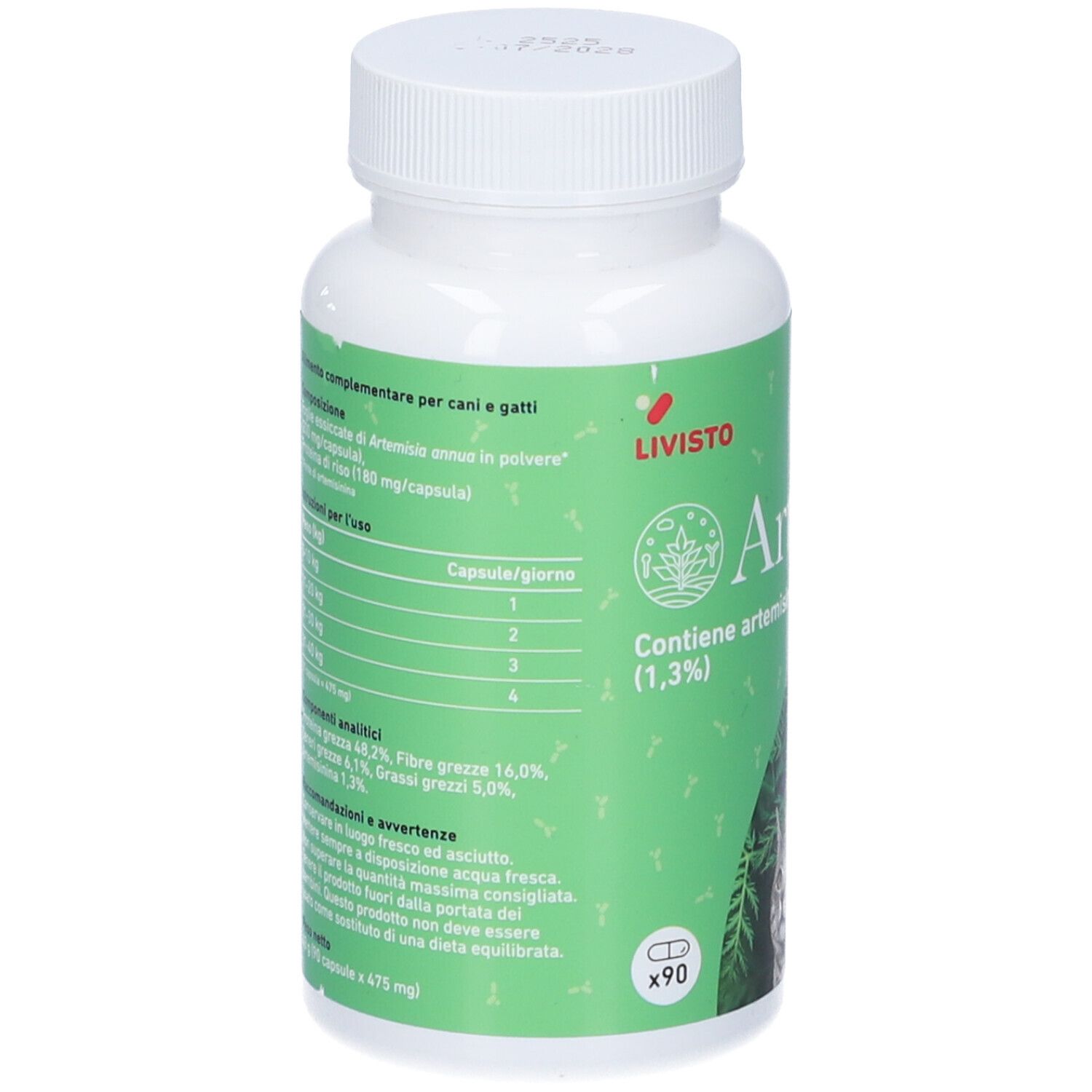 Flacone bianco con etichetta verde. Contiene informazioni sulla composizione e il dosaggio. Scritta Artennua.