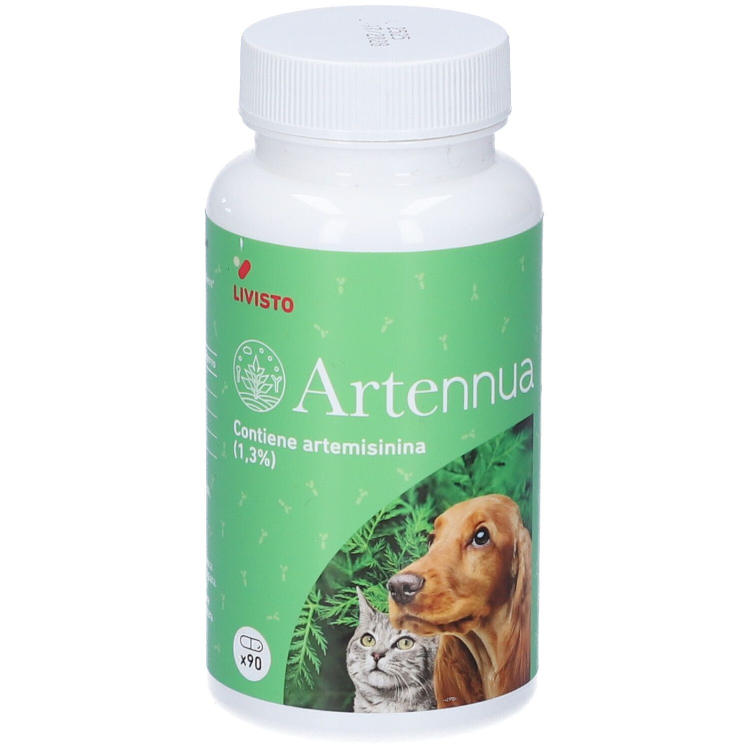 Flacone bianco con etichetta verde. Scritta Artennua, contiene artemisinina (1,3%). Immagine di cane e gatto.