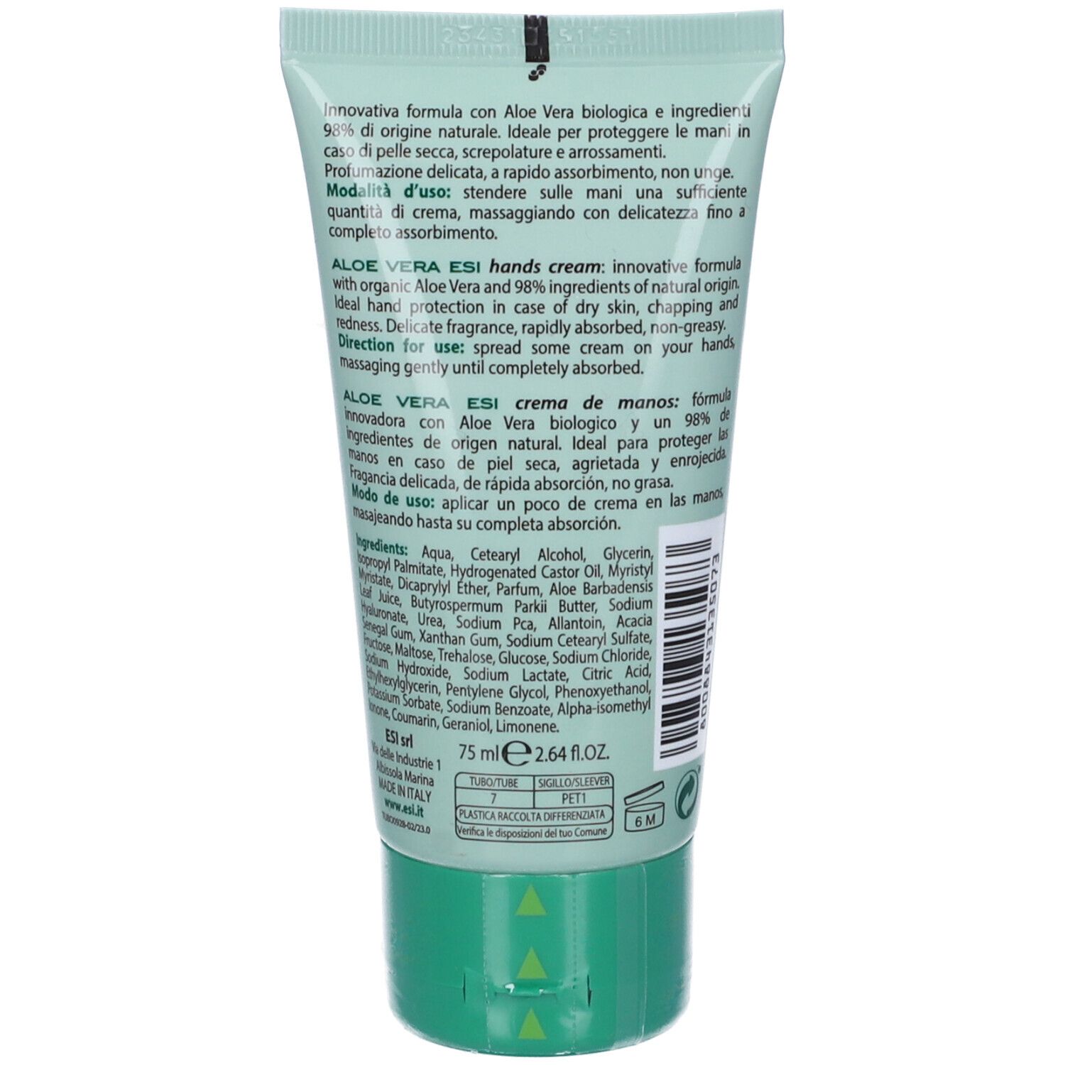 Retro del tubo verde ESI Aloe Vera Crema Mani. Testo: ingredienti, istruzioni per l'uso, 75 ml.