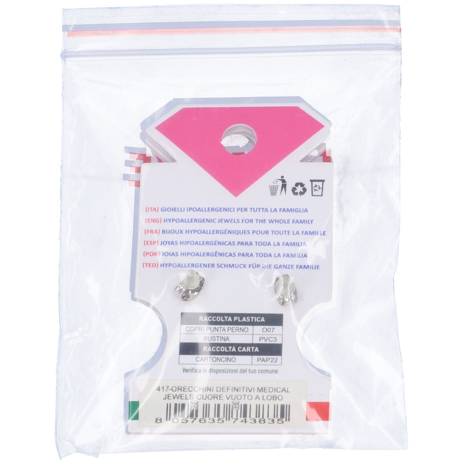 Medical Jewels Orecchino 417 Cuore Vuoto A Lobo