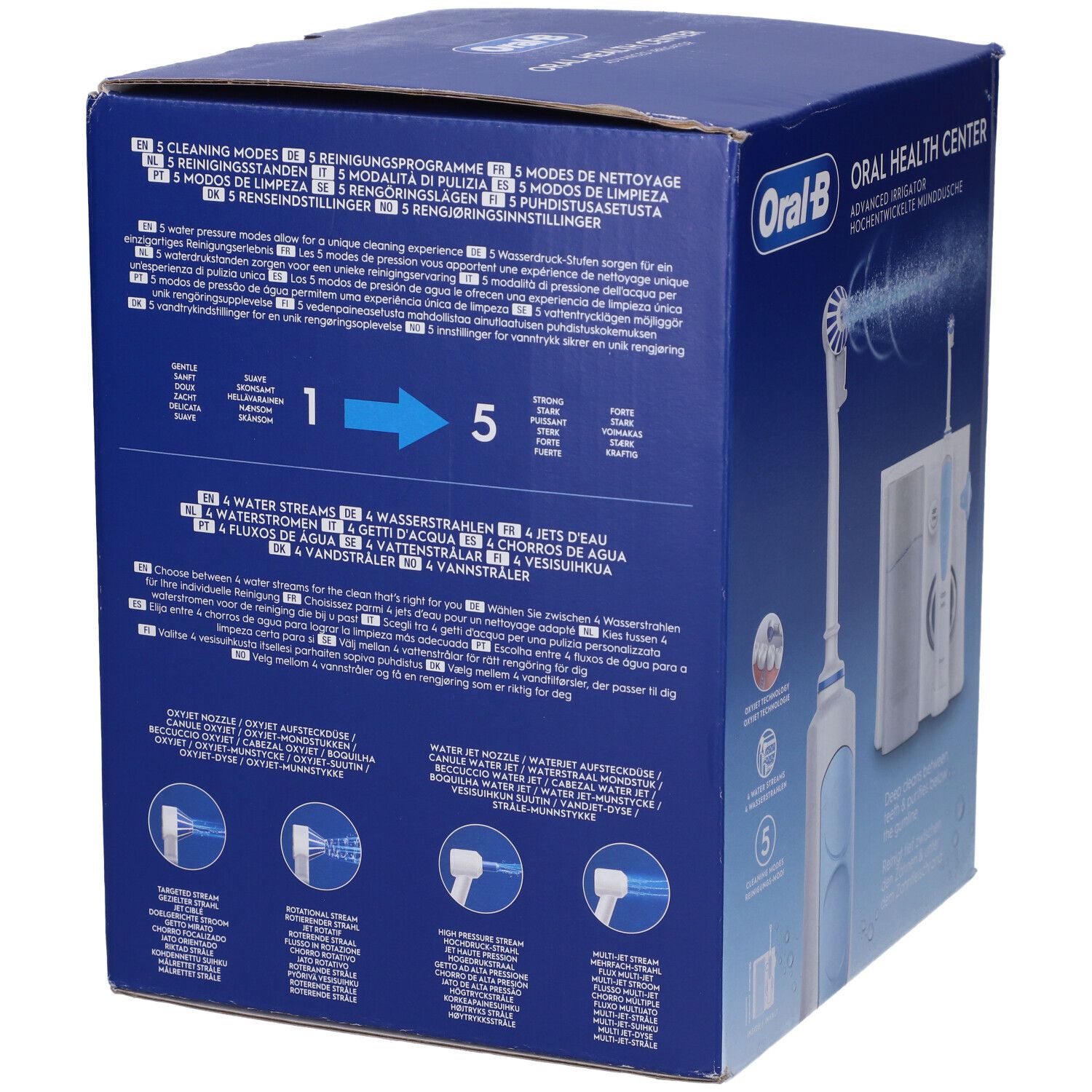Retro della confezione blu. Testo multilingue. Illustrazioni di funzioni e ugelli. Logo Oral-B.