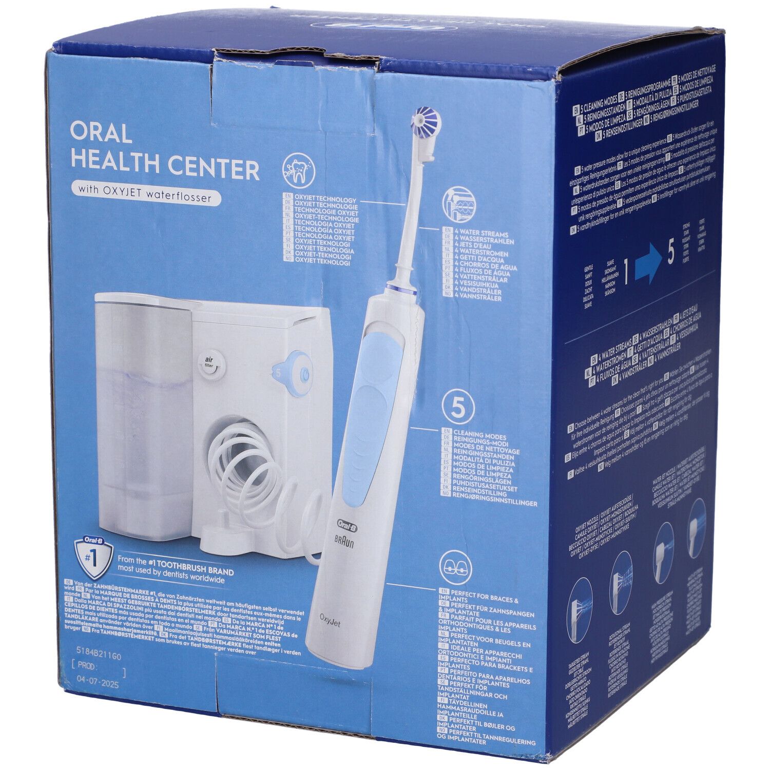 Confezione blu con logo Oral-B e immagine del prodotto. Contiene idropulsore e spazzolino elettrico. Testo: Oral Health Center.
