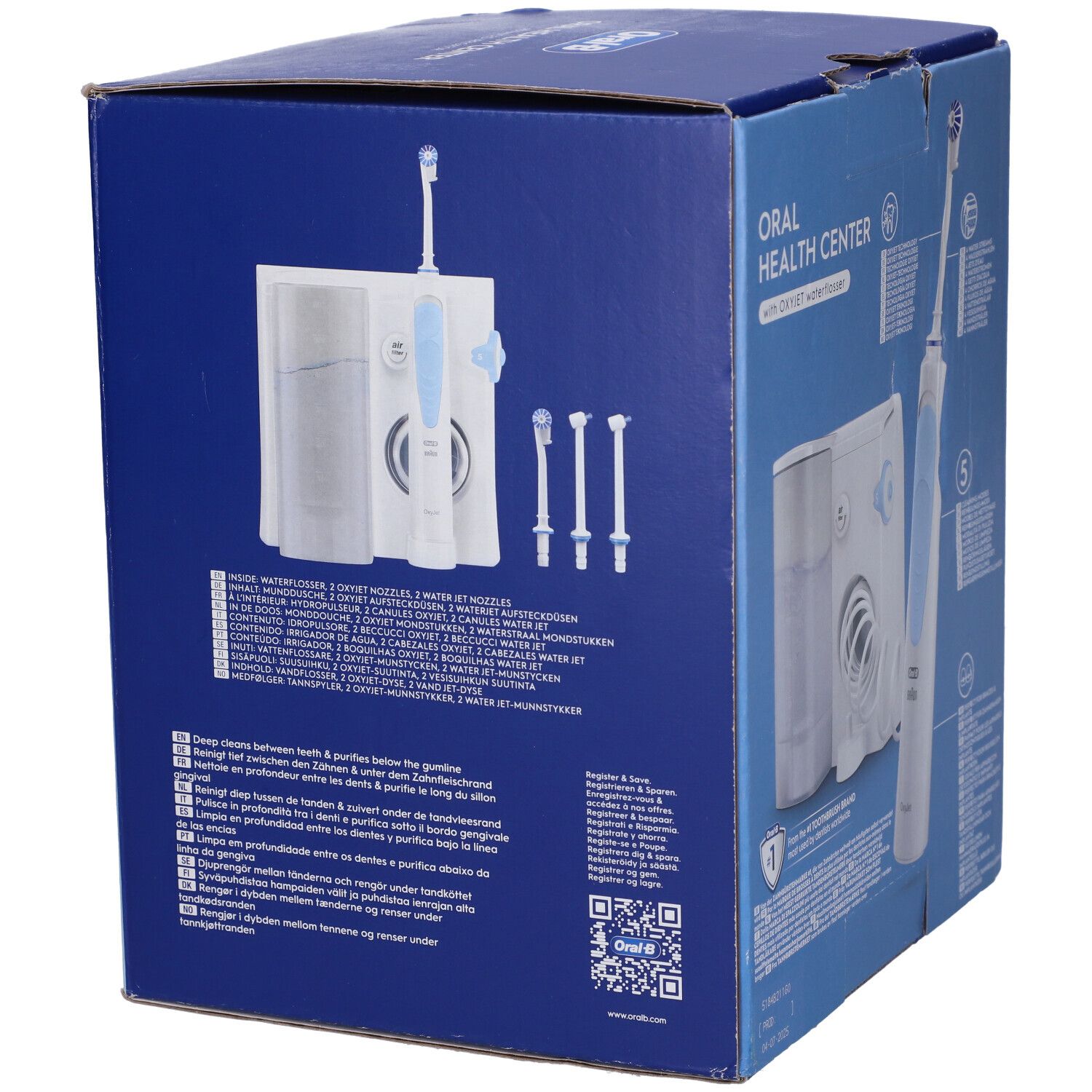 Retro della confezione blu. Illustrazioni di idropulsore, spazzolino e ugelli. Testo multilingue. Logo Oral-B.