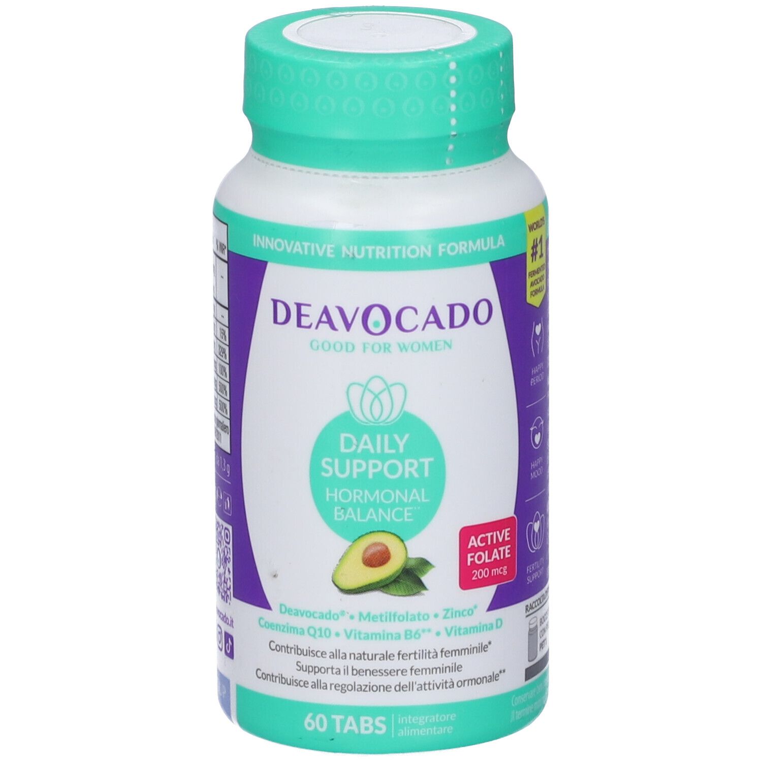 Retro del flacone di compresse Deavocado. Informazioni sugli ingredienti e valori nutrizionali. 60 compresse.