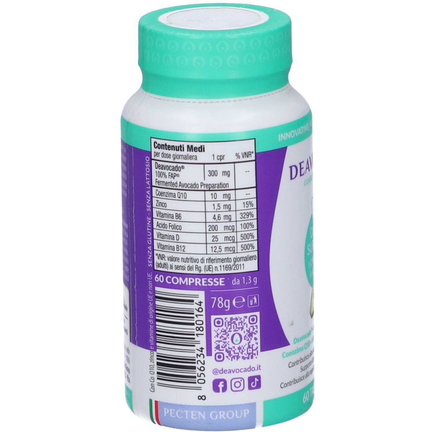 Retro del flacone di compresse Deavocado. Informazioni sugli ingredienti e valori nutrizionali. 60 compresse.